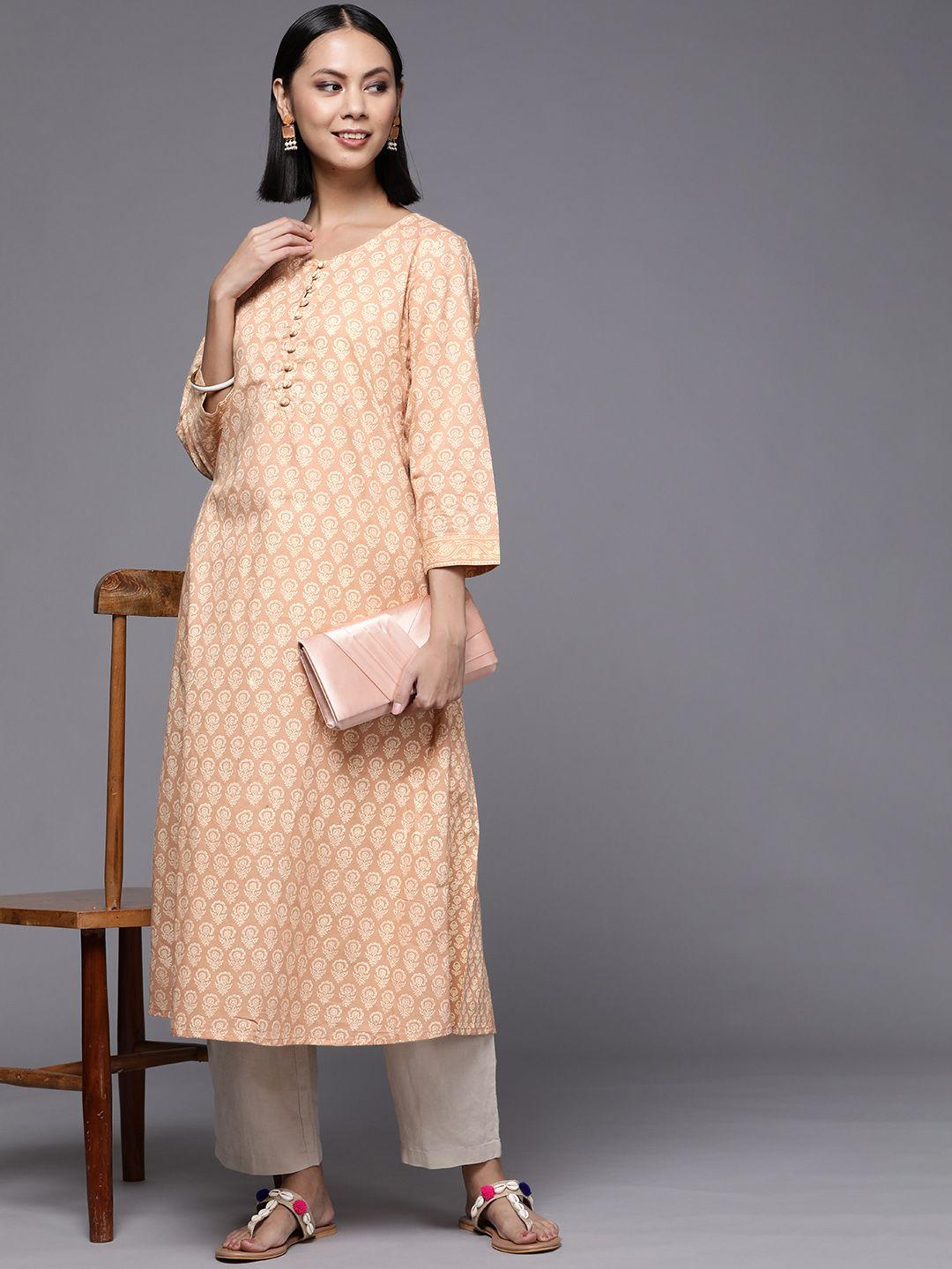 fabindia women beige ethnic motifs printed pure cotton a-line kurta