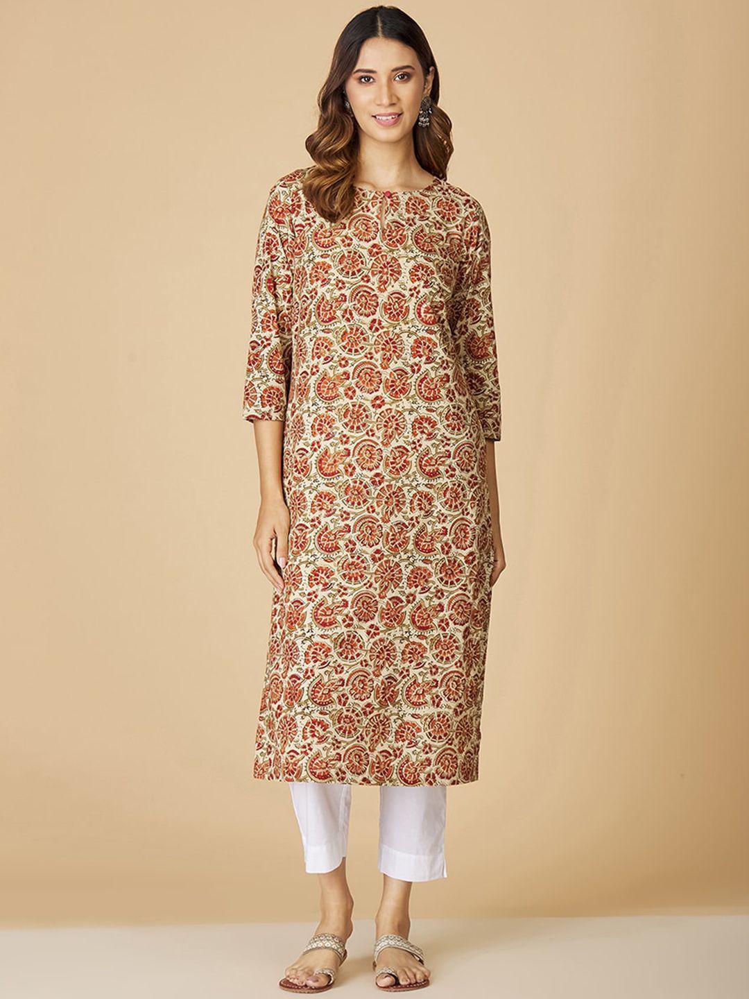 fabindia women beige floral printed keyhole neck kurta