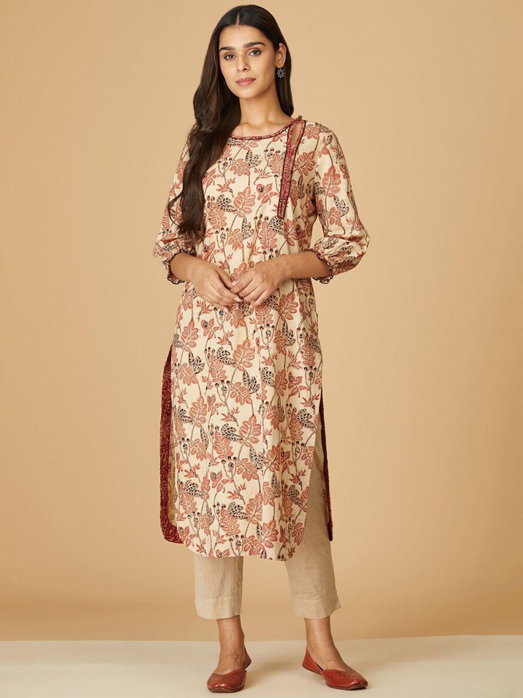 fabindia women beige floral printed keyhole neck thread work kurta