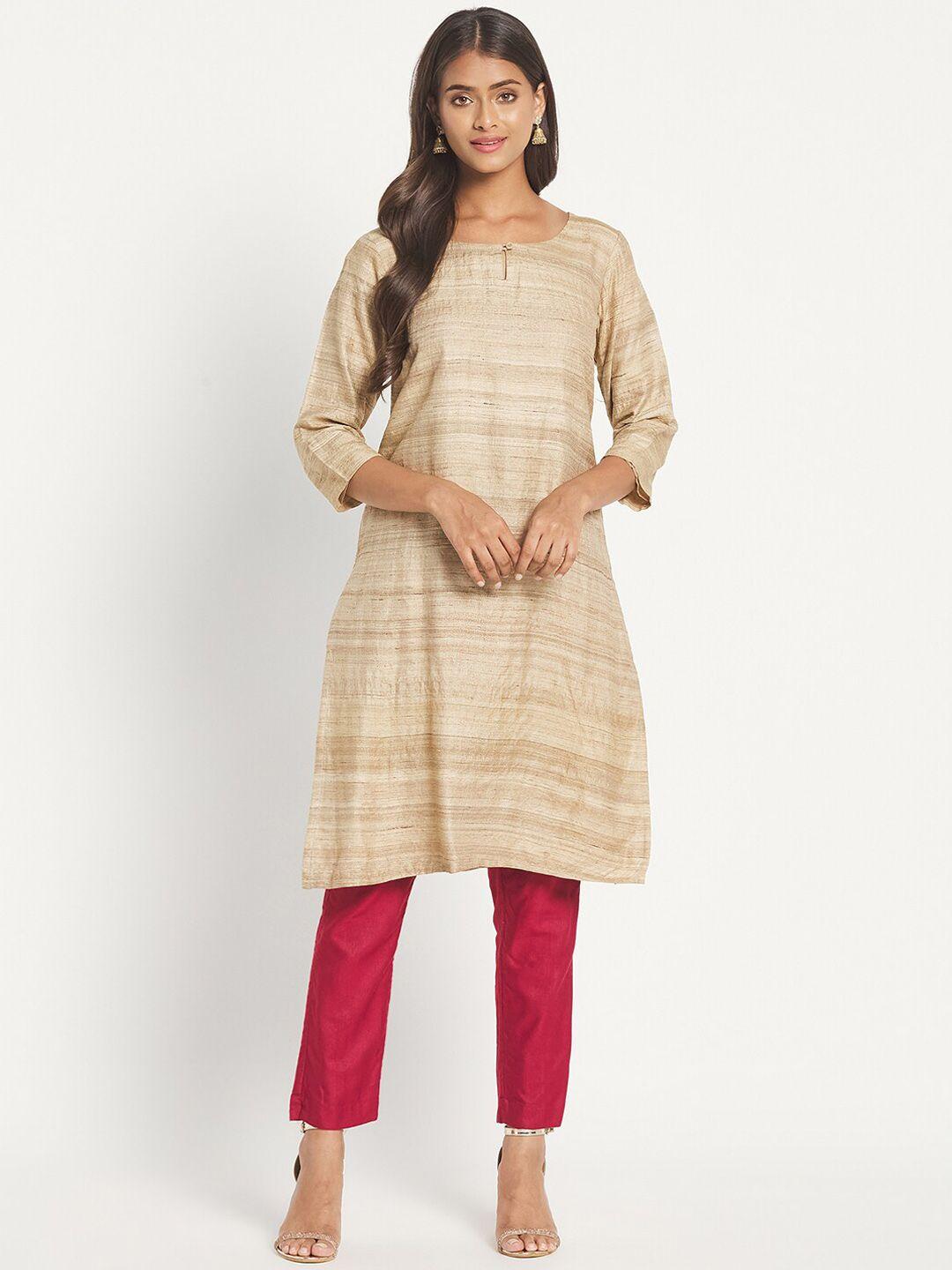 fabindia women beige striped keyhole neck kurta