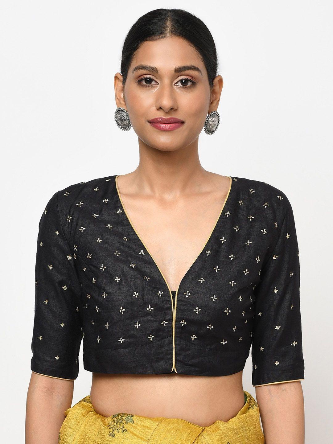 fabindia women black & gold-coloured embroidered silk saree blouse