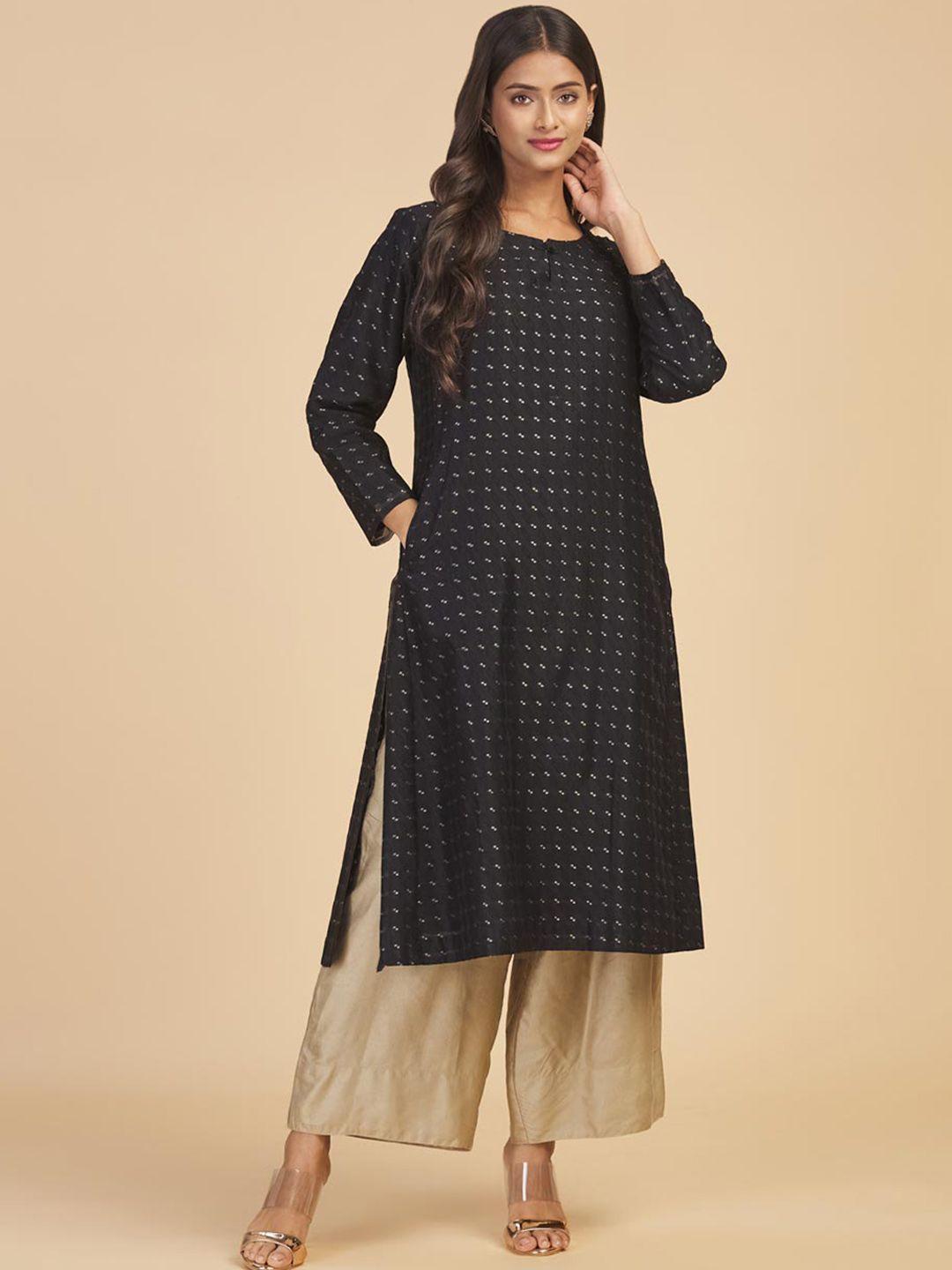 fabindia women black geometric keyhole neck kurta