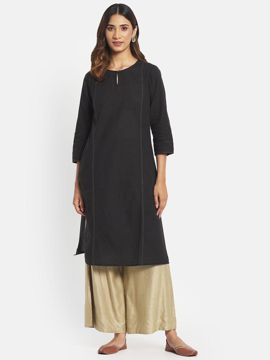 fabindia women black pure cotton solid straight kurta