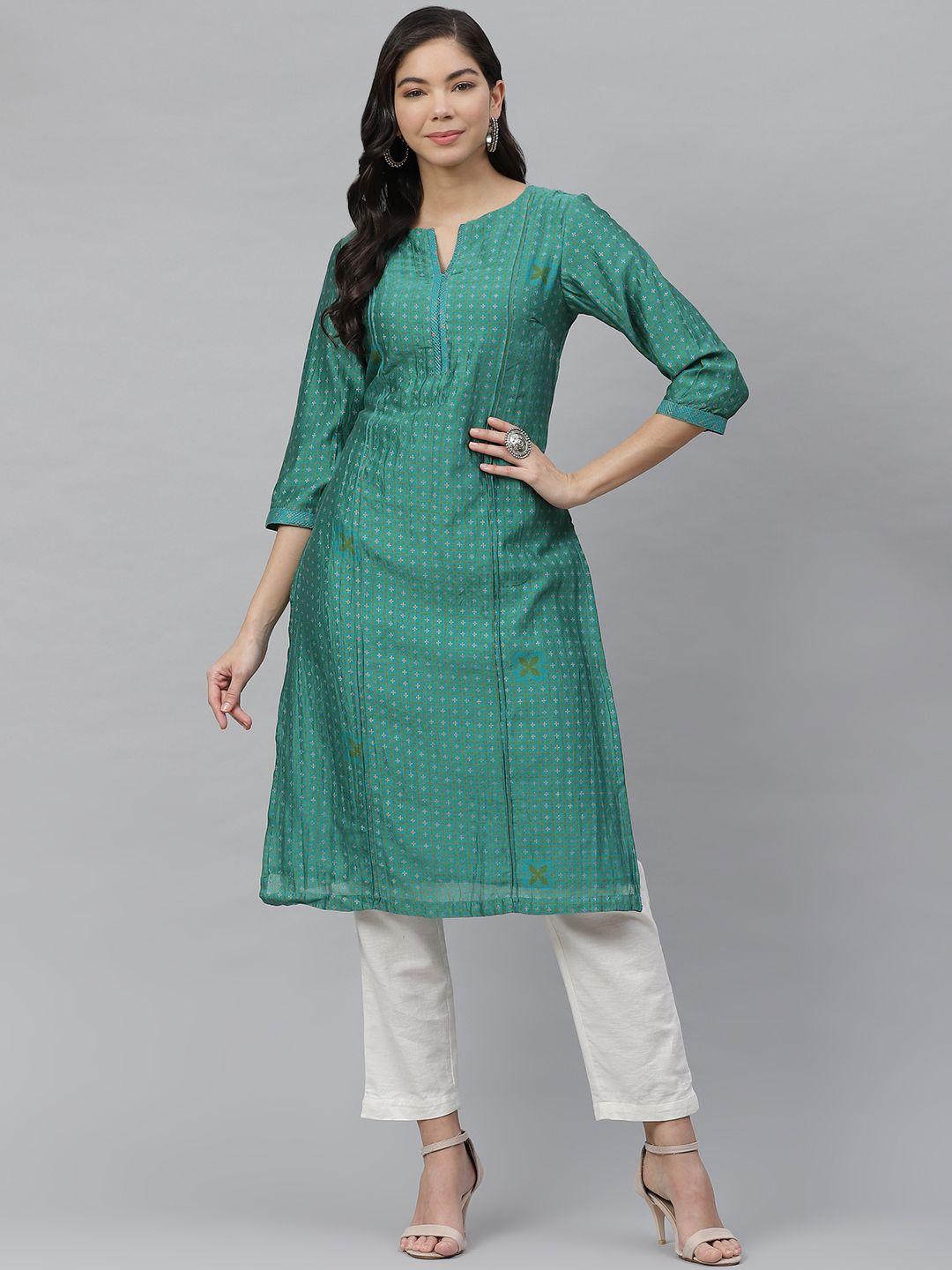 fabindia women blue & green checked kurta