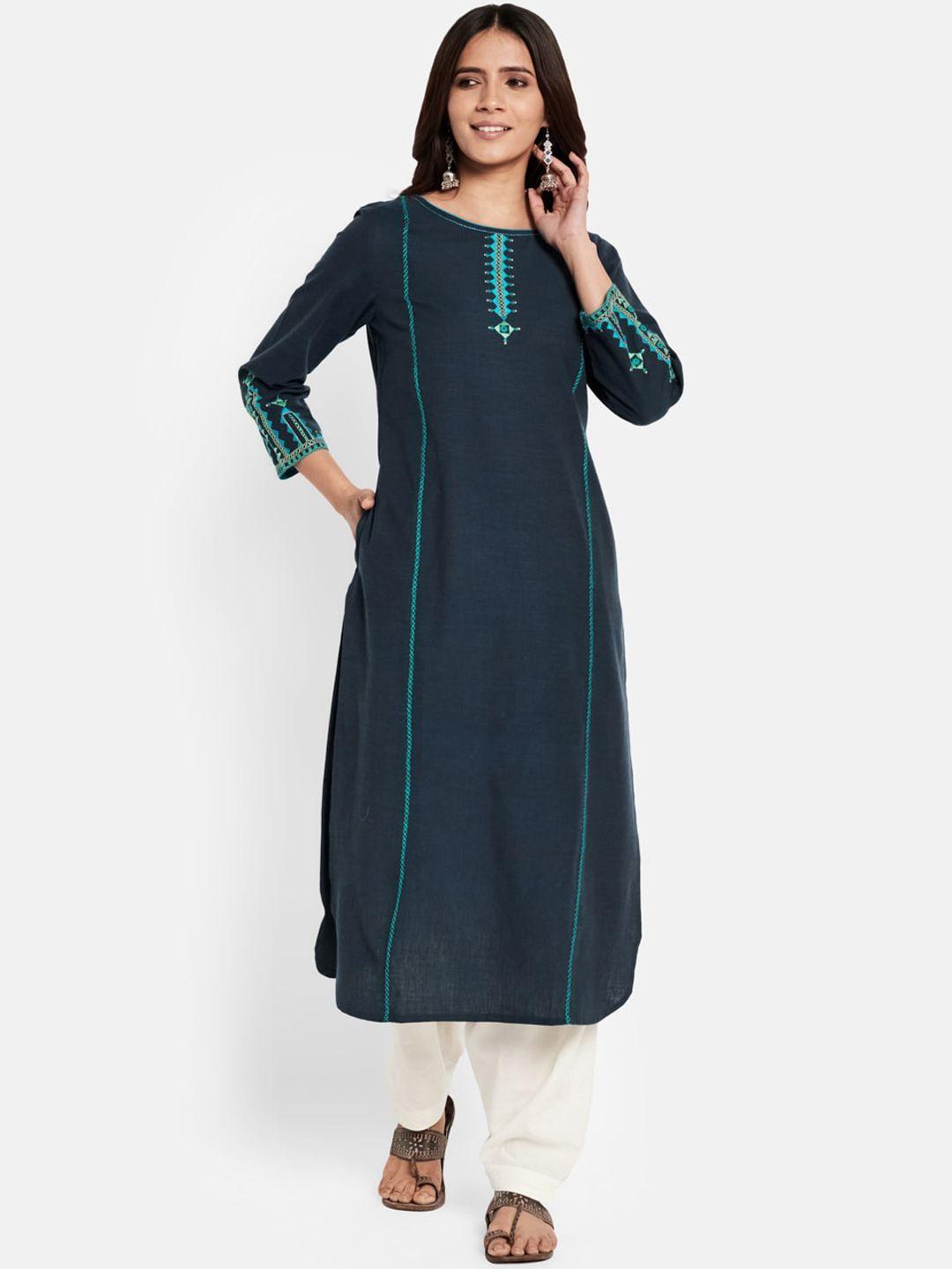 fabindia women blue embroidered pathani cotton kurta