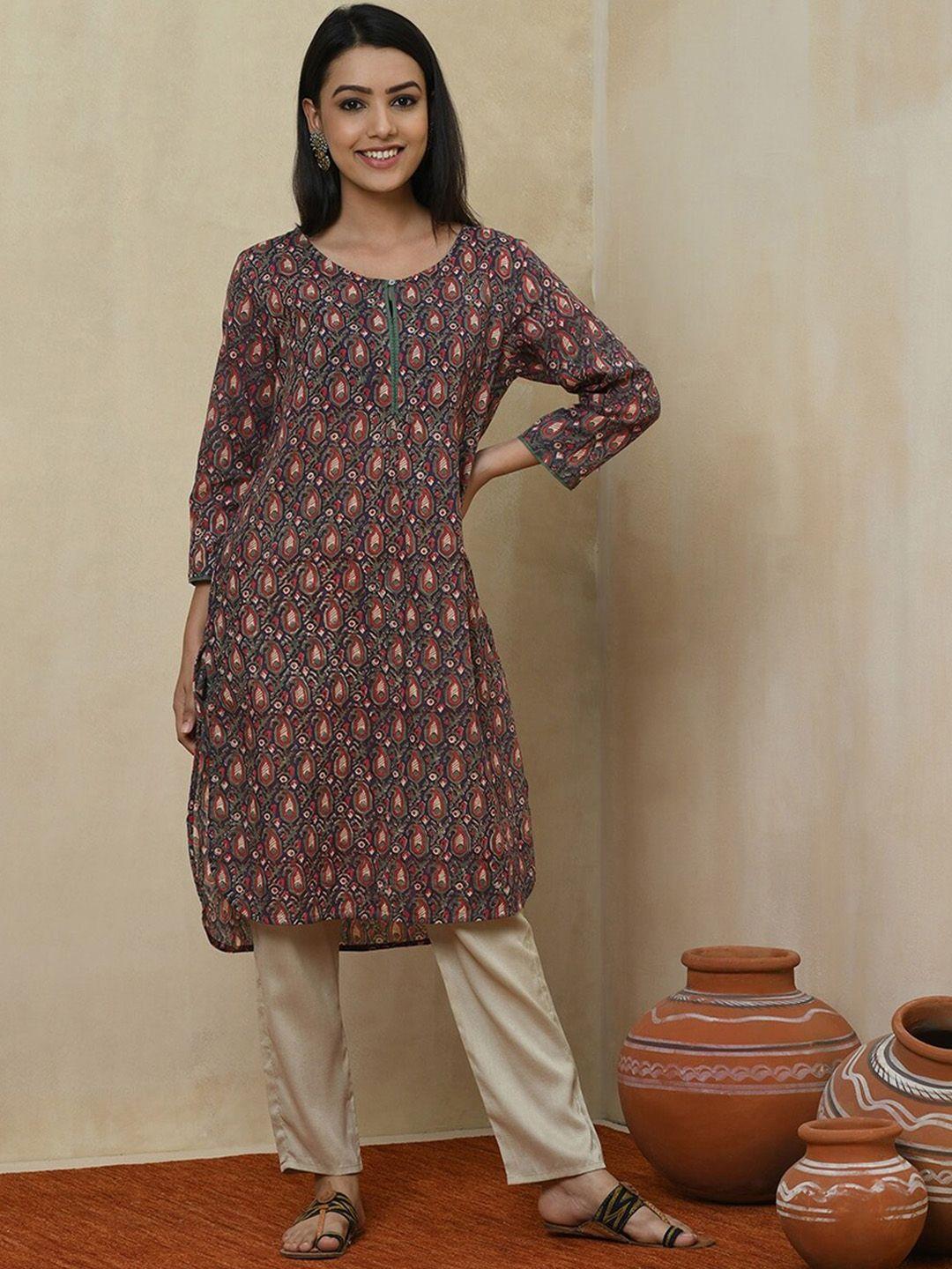 fabindia women blue ethnic motifs printed keyhole neck cotton kurta