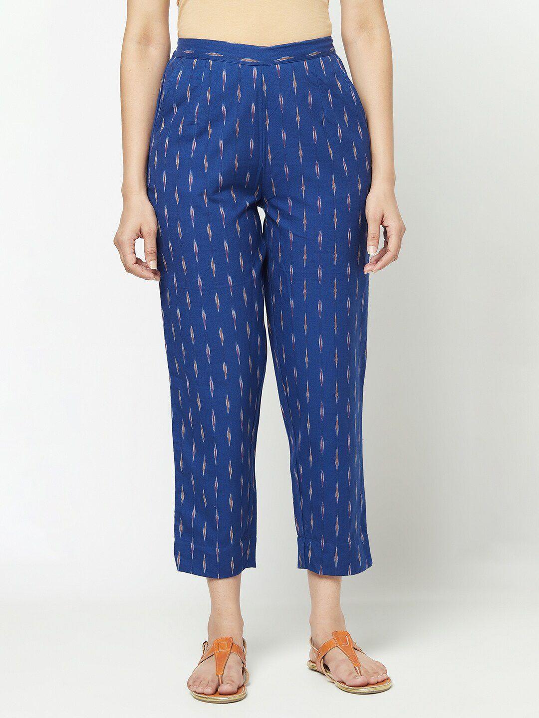 fabindia women blue ikat printed tapered fit trousers