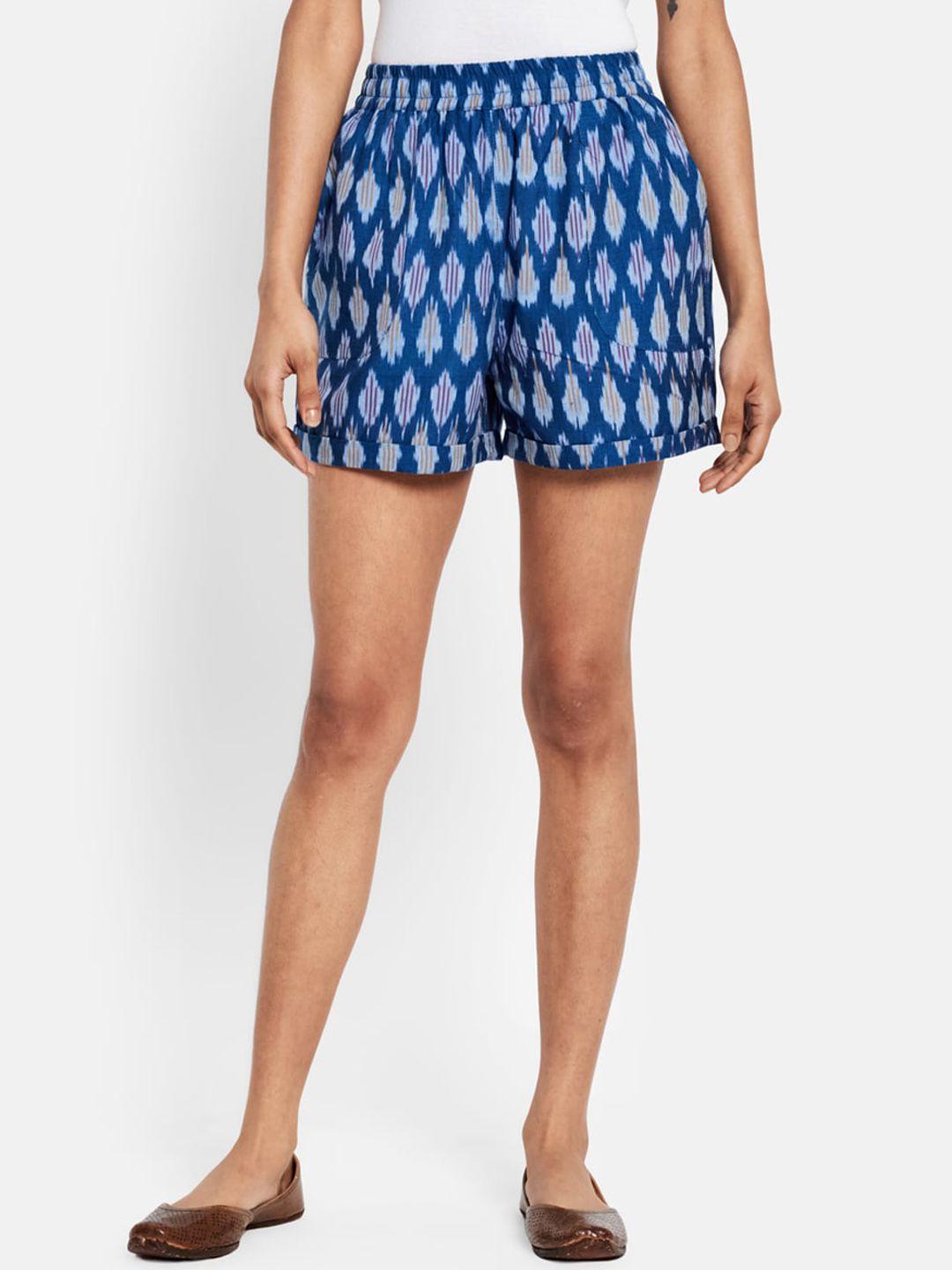 fabindia women blue ikat weave printed shorts