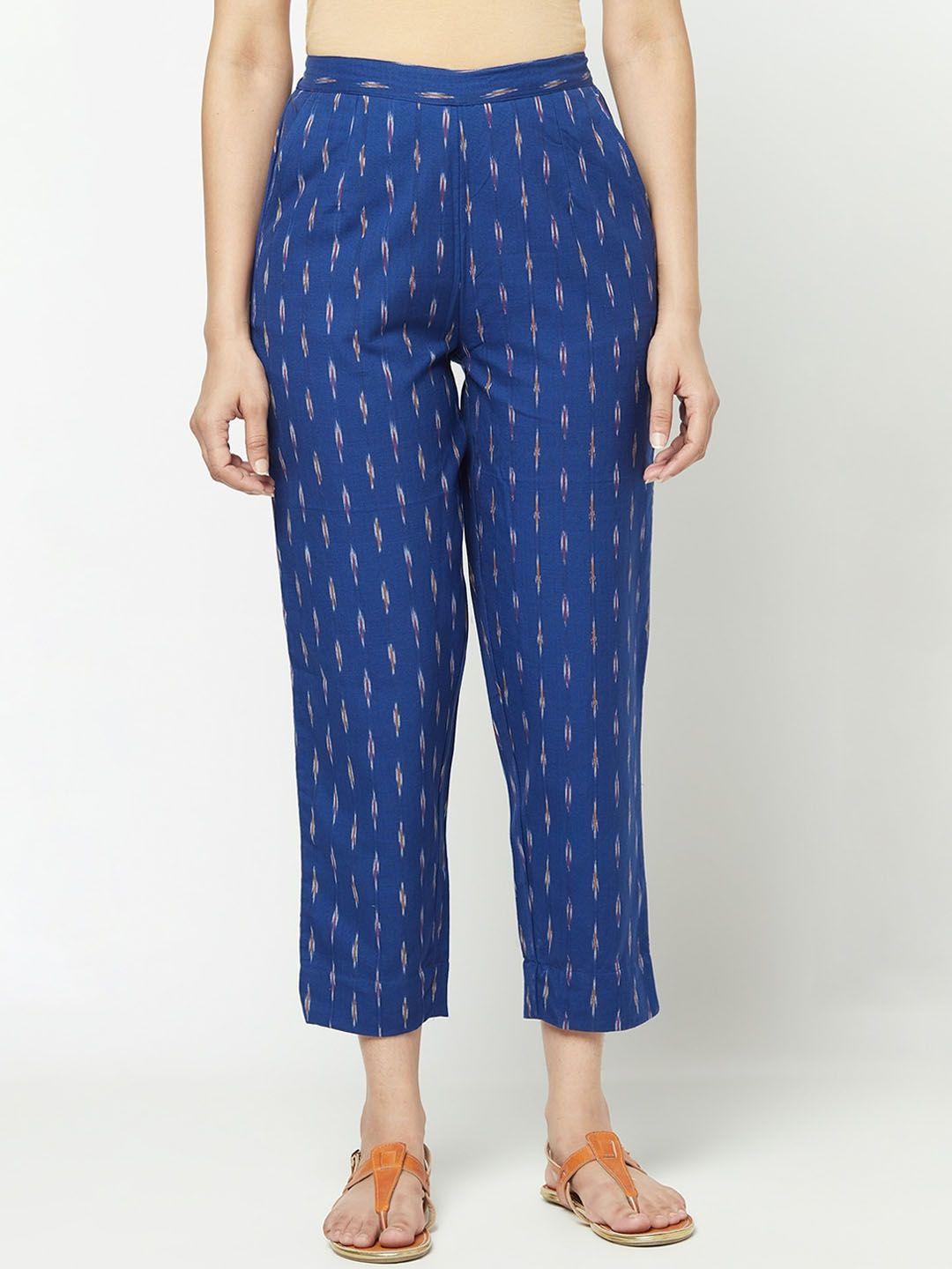 fabindia women blue printed slim fit cotton trousers