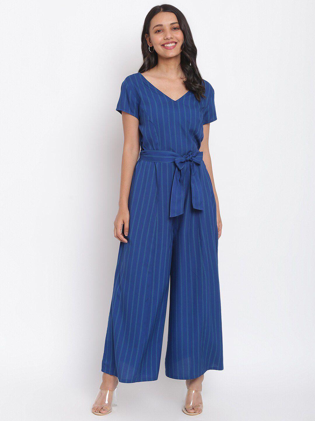 fabindia women blue striped basic jumpsuit