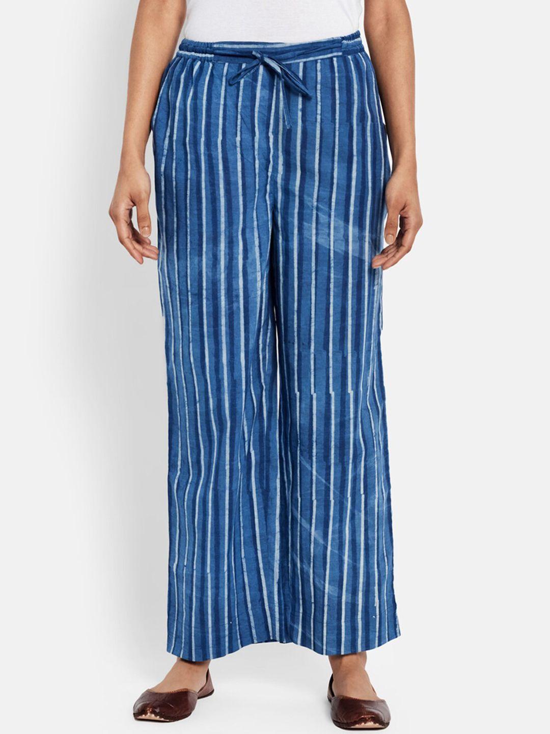 fabindia women blue striped relaxed trousers