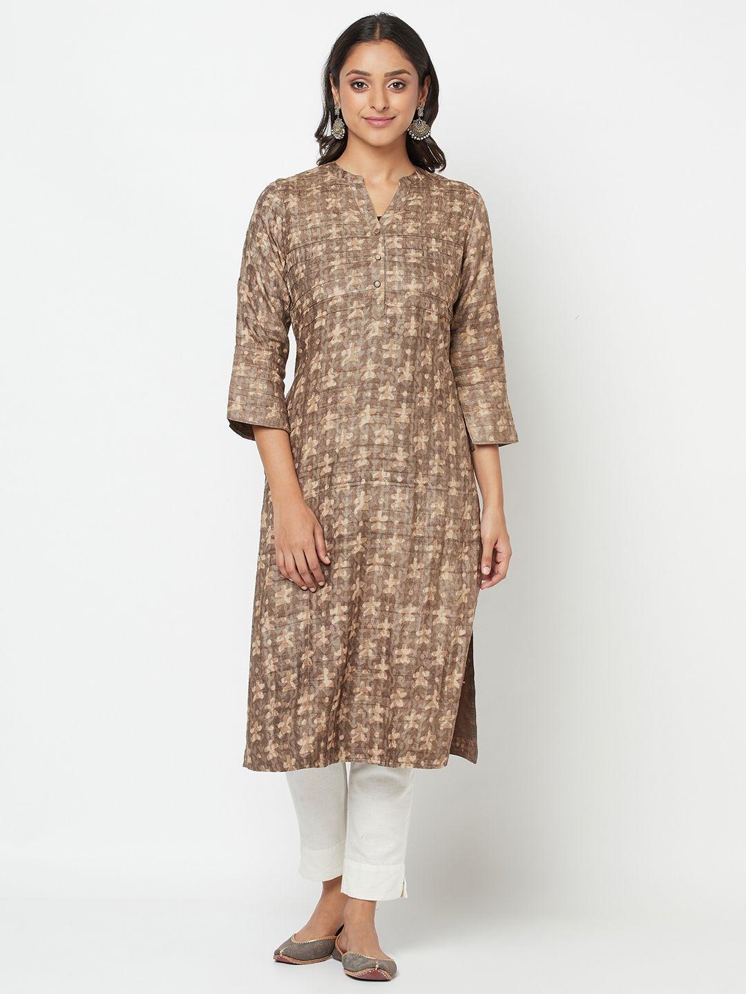 fabindia women brown & beige abstract print straight kurta