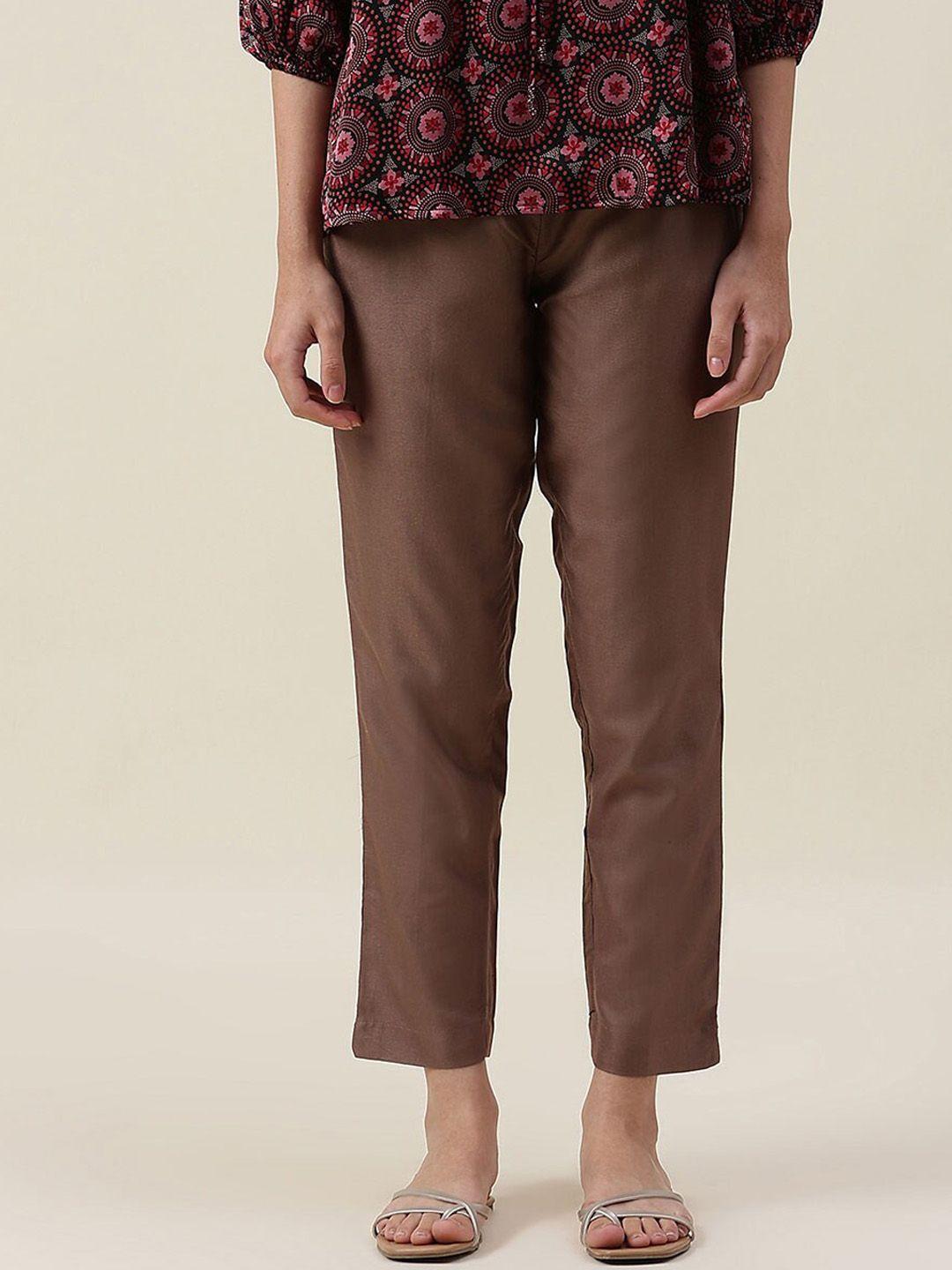 fabindia women brown slim fit trousers