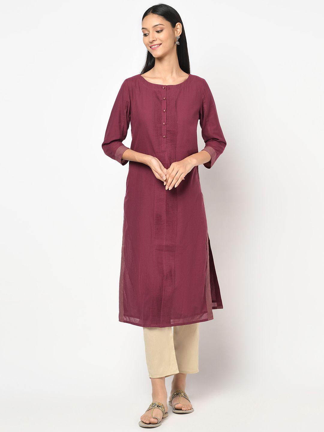 fabindia women burgundy solid cotton pin-tuck pleated straight kurta