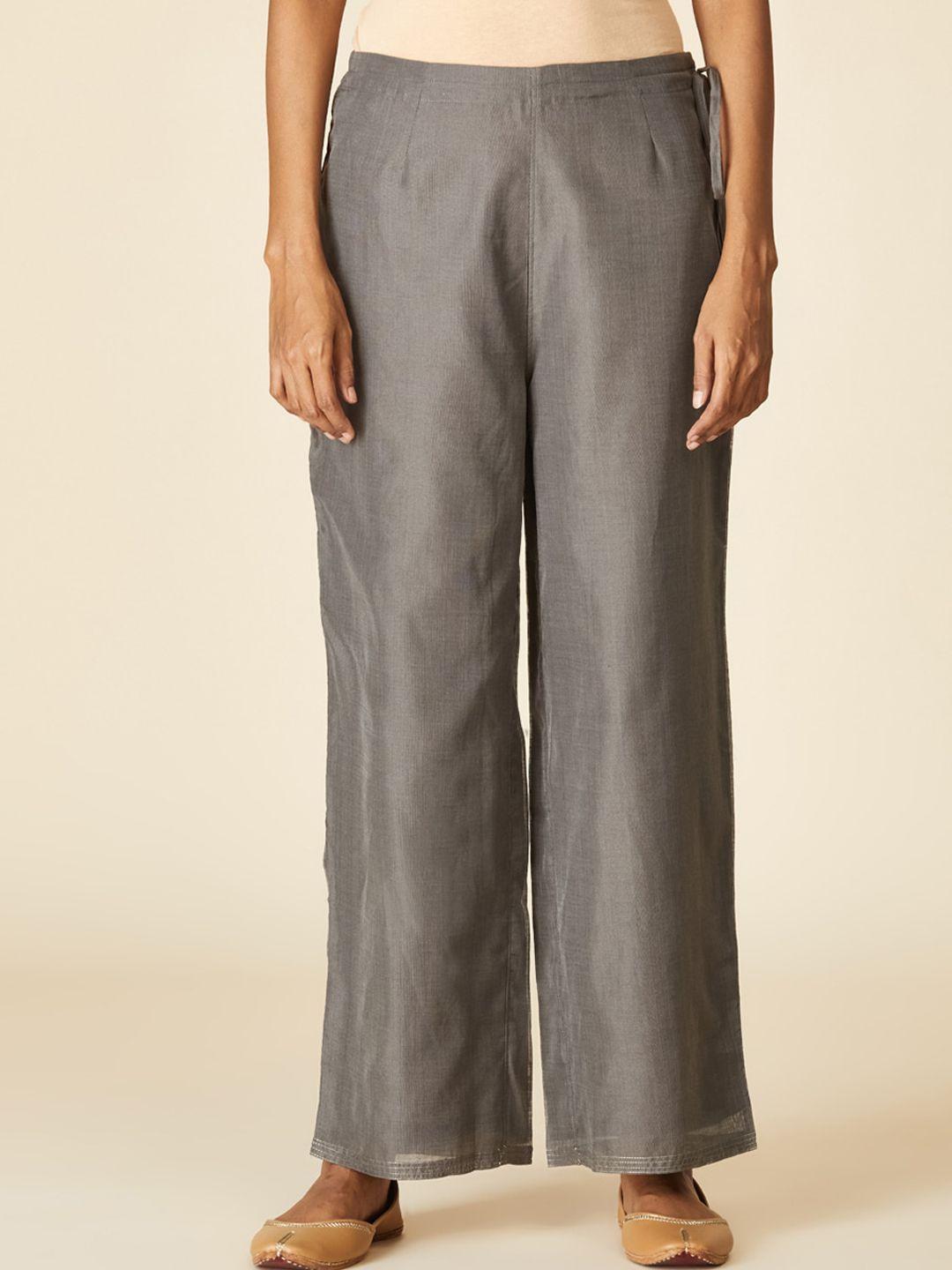 fabindia women charcoal comfort straight fit cotton parallel trousers