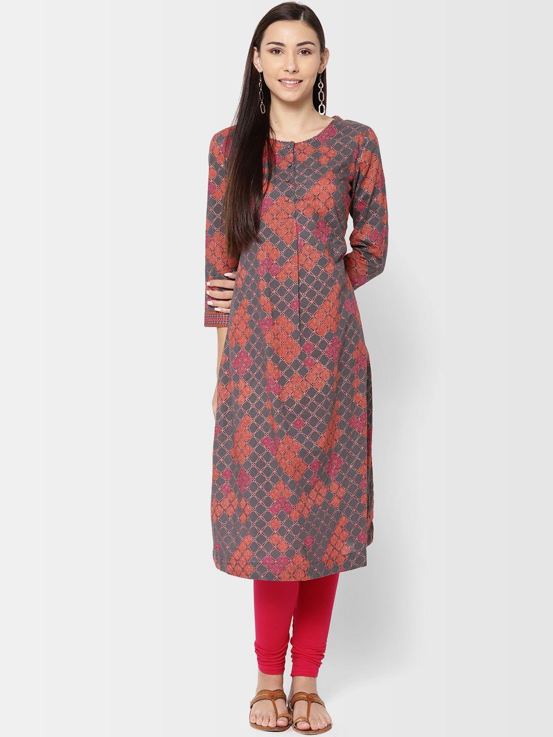 fabindia women charcoal grey & rust orange slim fit printed a-line kurta