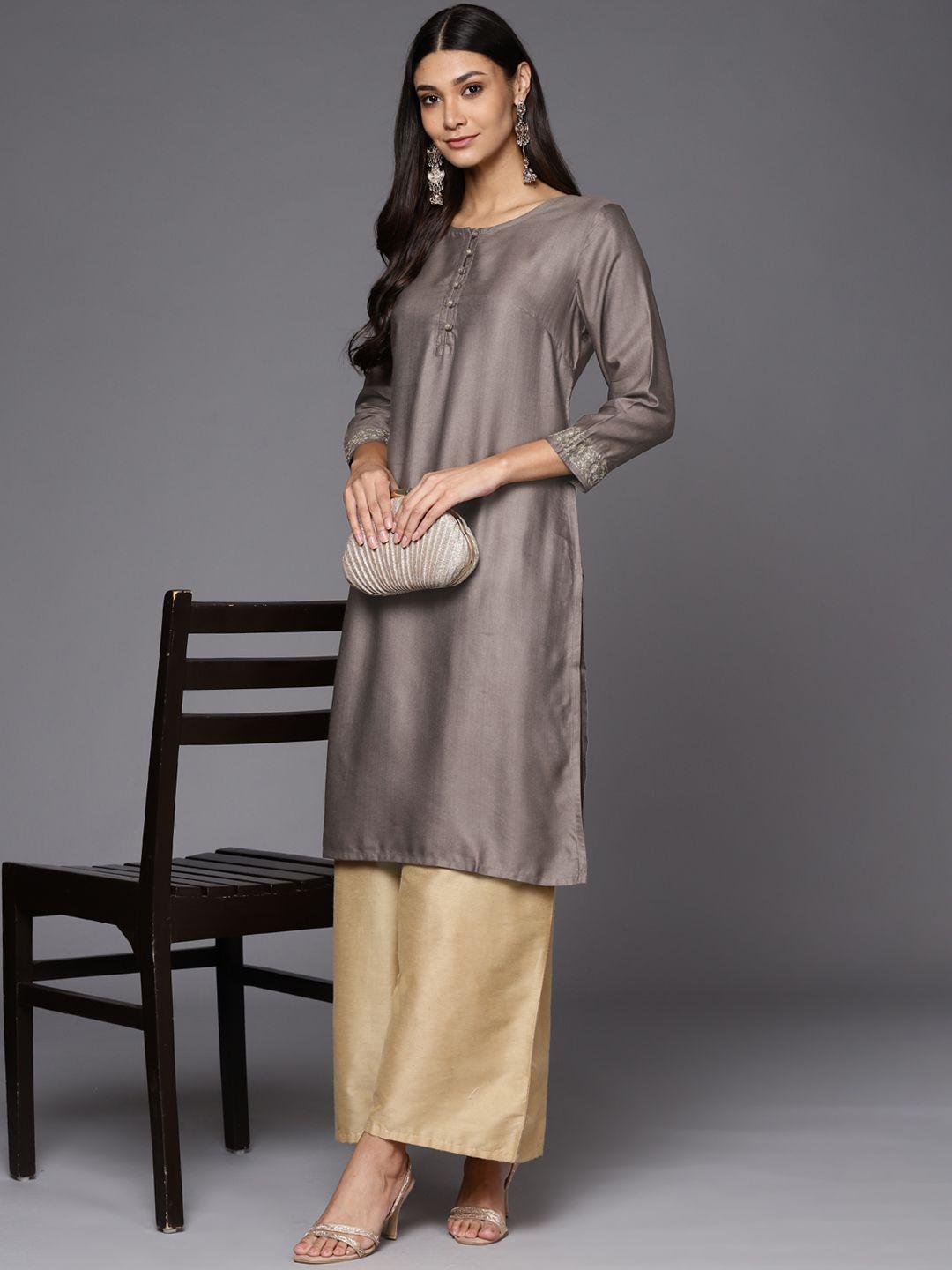 fabindia women charcoal grey solid straight kurta