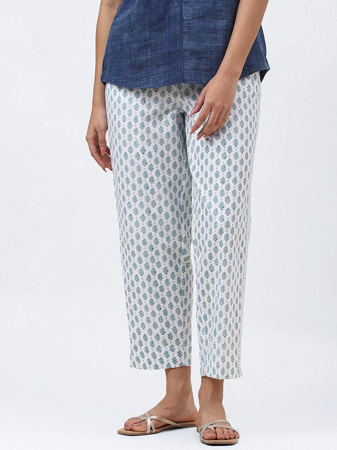 fabindia women comfort fit hand block printed casual linen trousers
