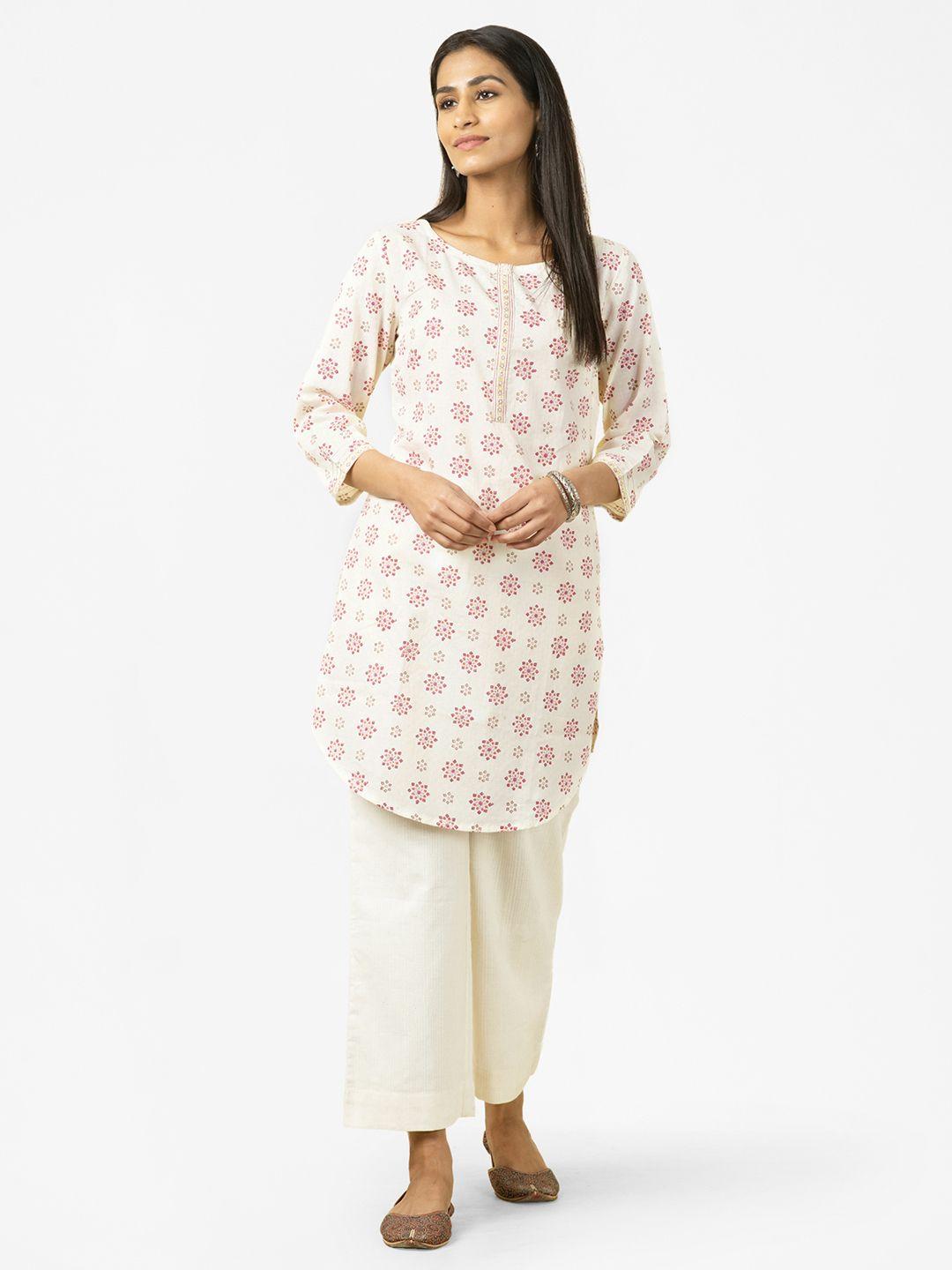 fabindia women cream coloured & burgandy cotton ethnic motifs handblock print dobby kurta