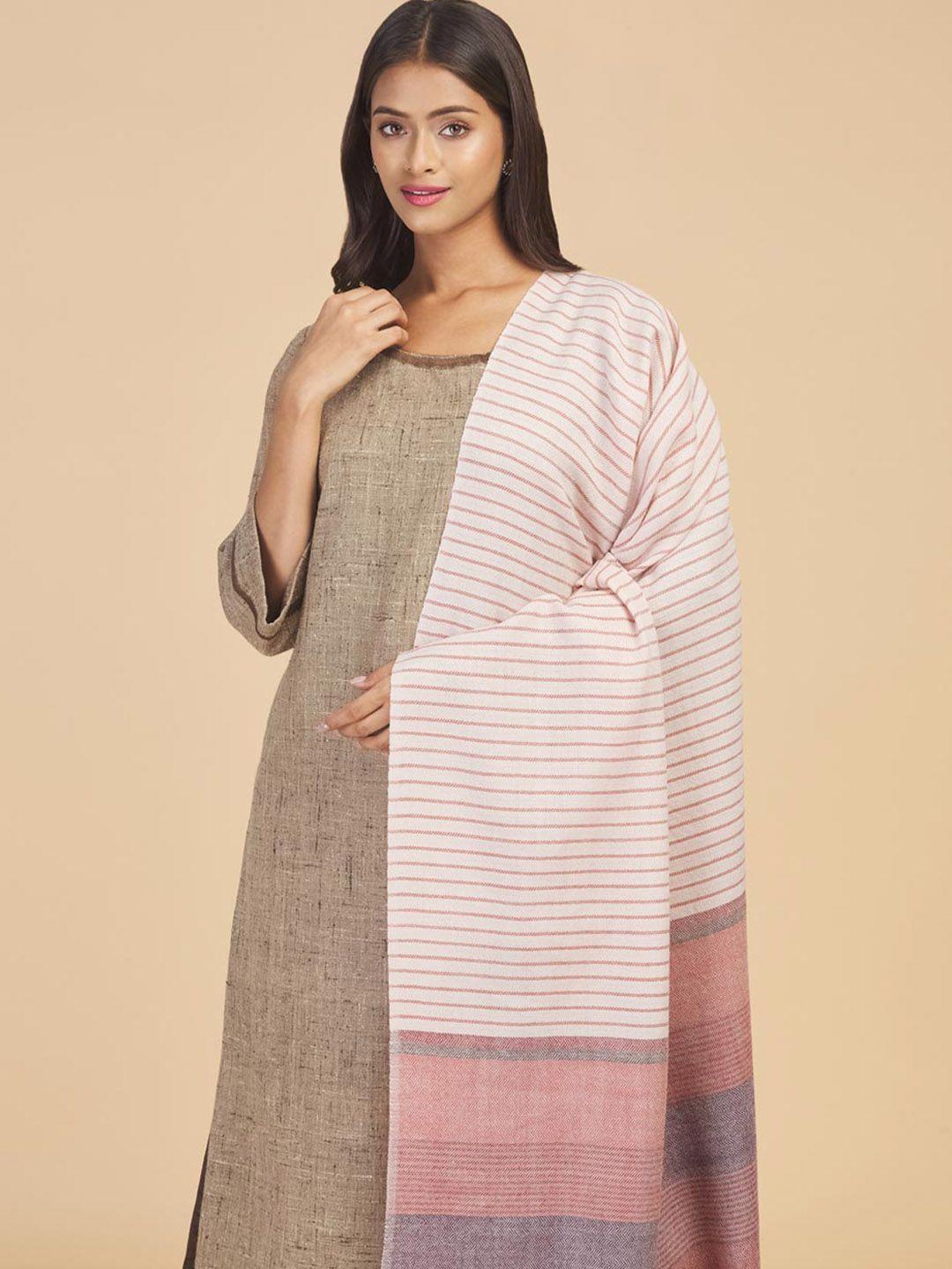 fabindia women cream printed striped woolen shawl