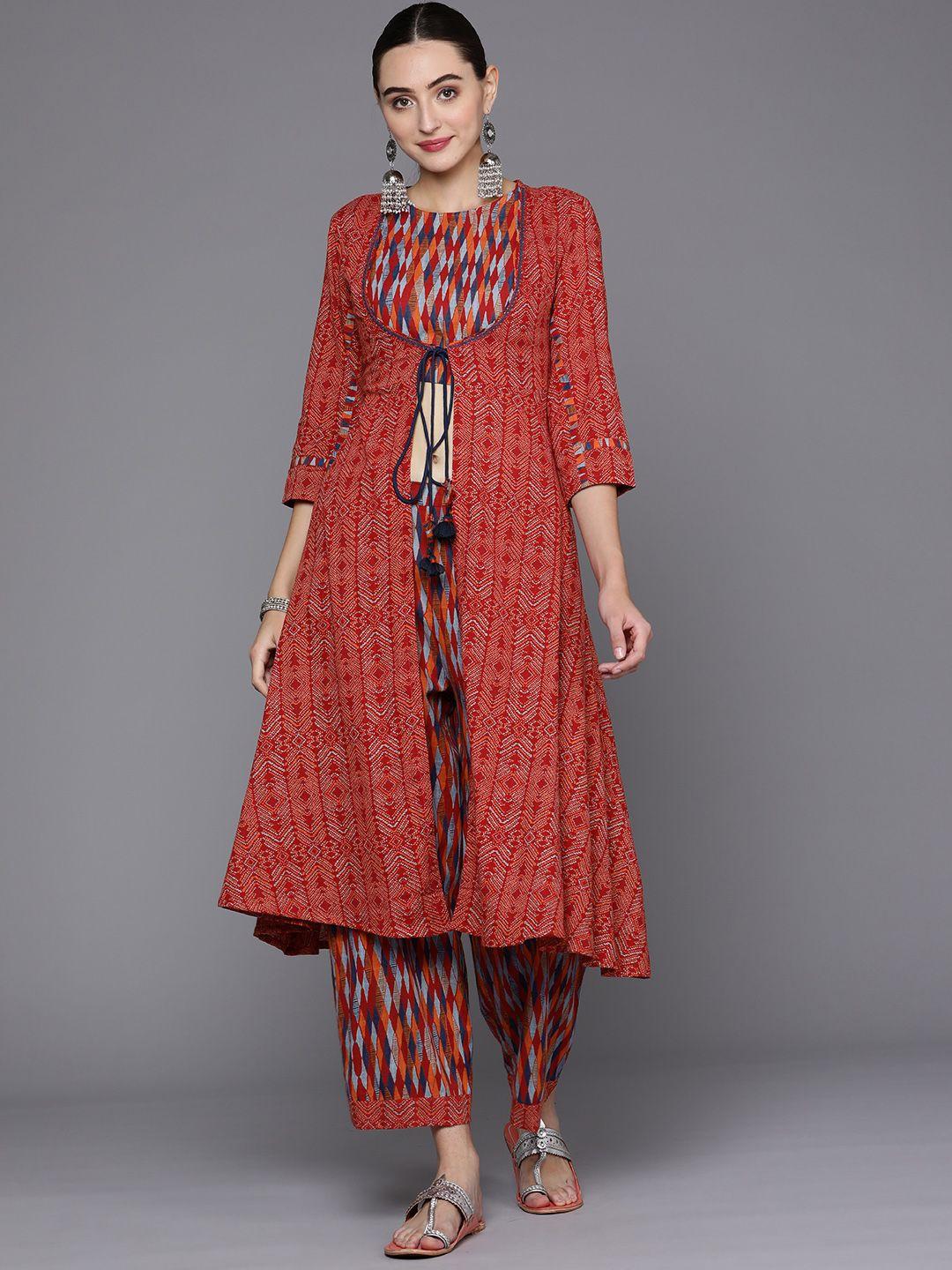 fabindia women ethnic motifs printed layered pure cotton kurta with palazzos