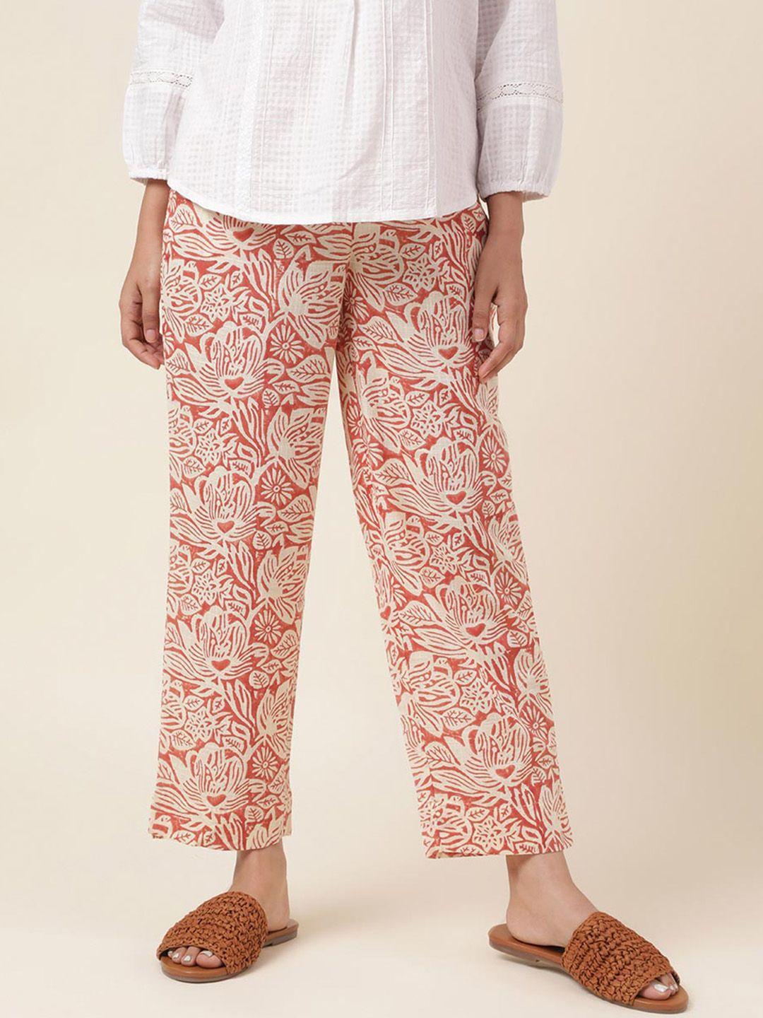 fabindia women floral printed plain tapered fit cotton regular trousers