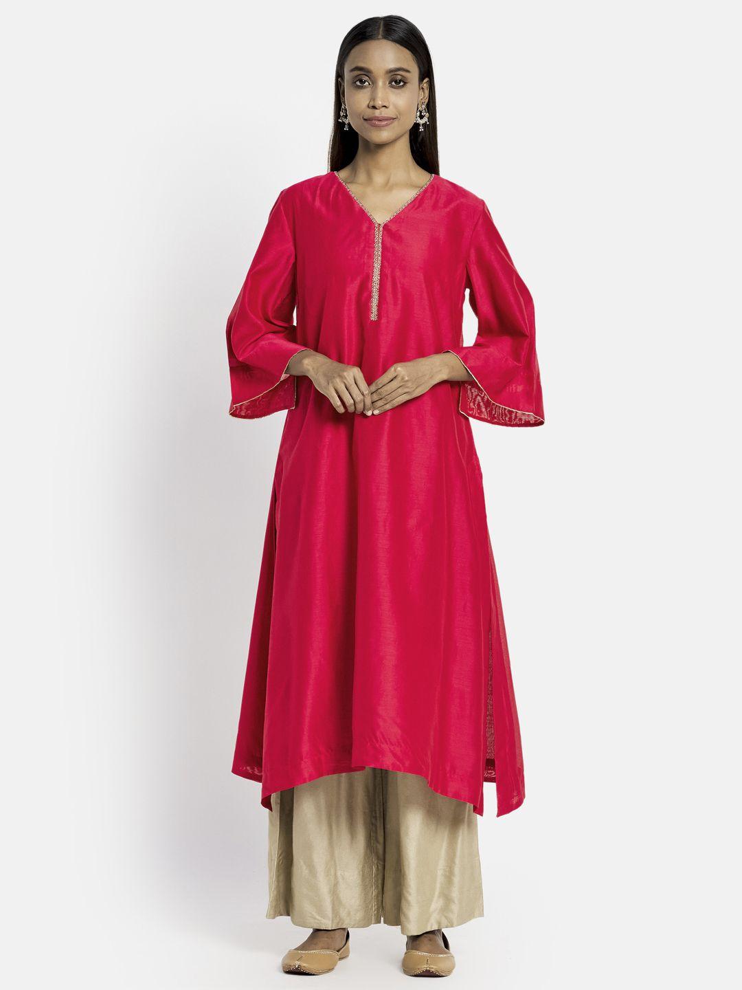 fabindia women fuchsia solid flared sleeves kurta