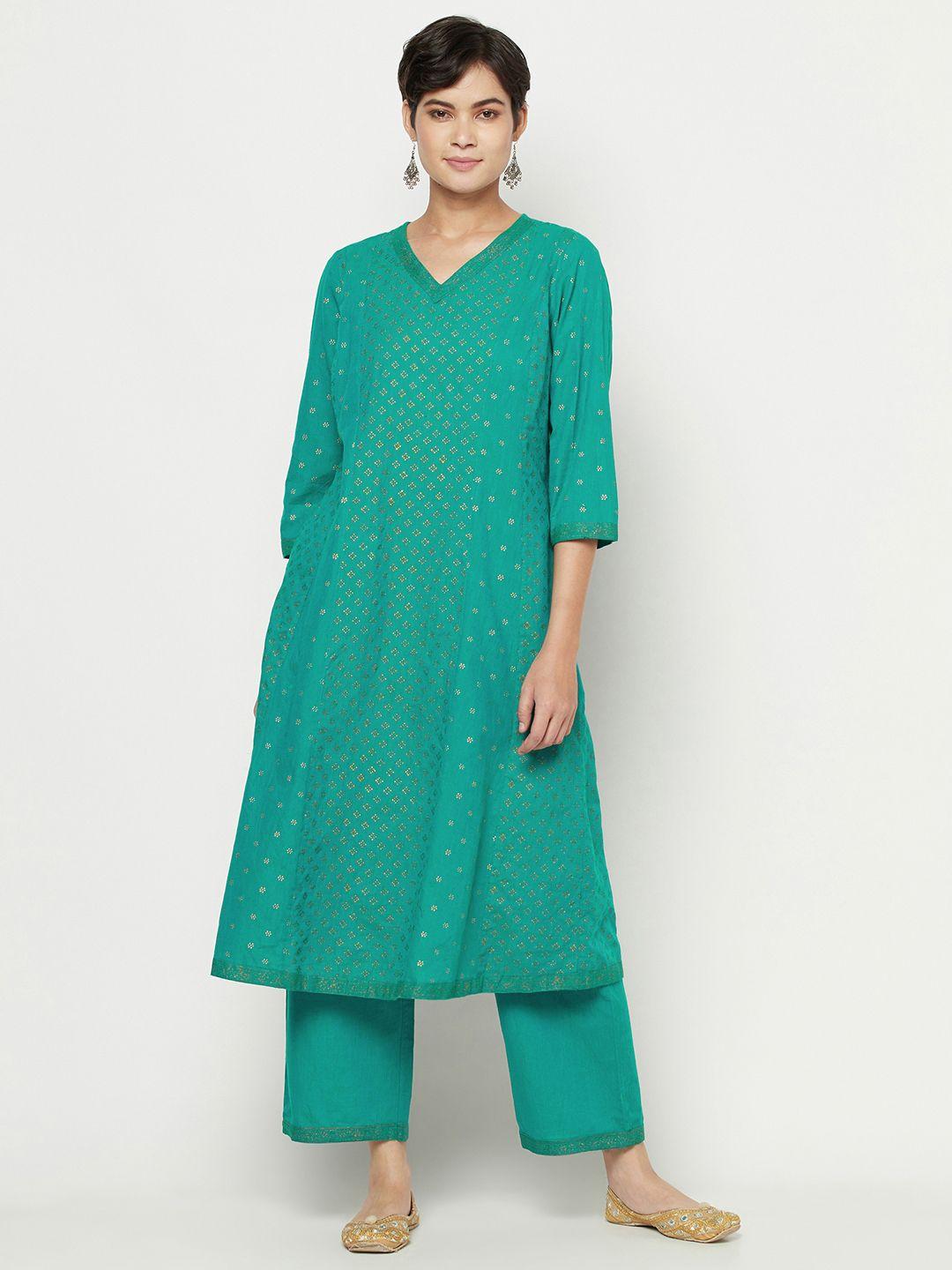fabindia women green & golden abstract print regular pure cotton kurta with palazzos