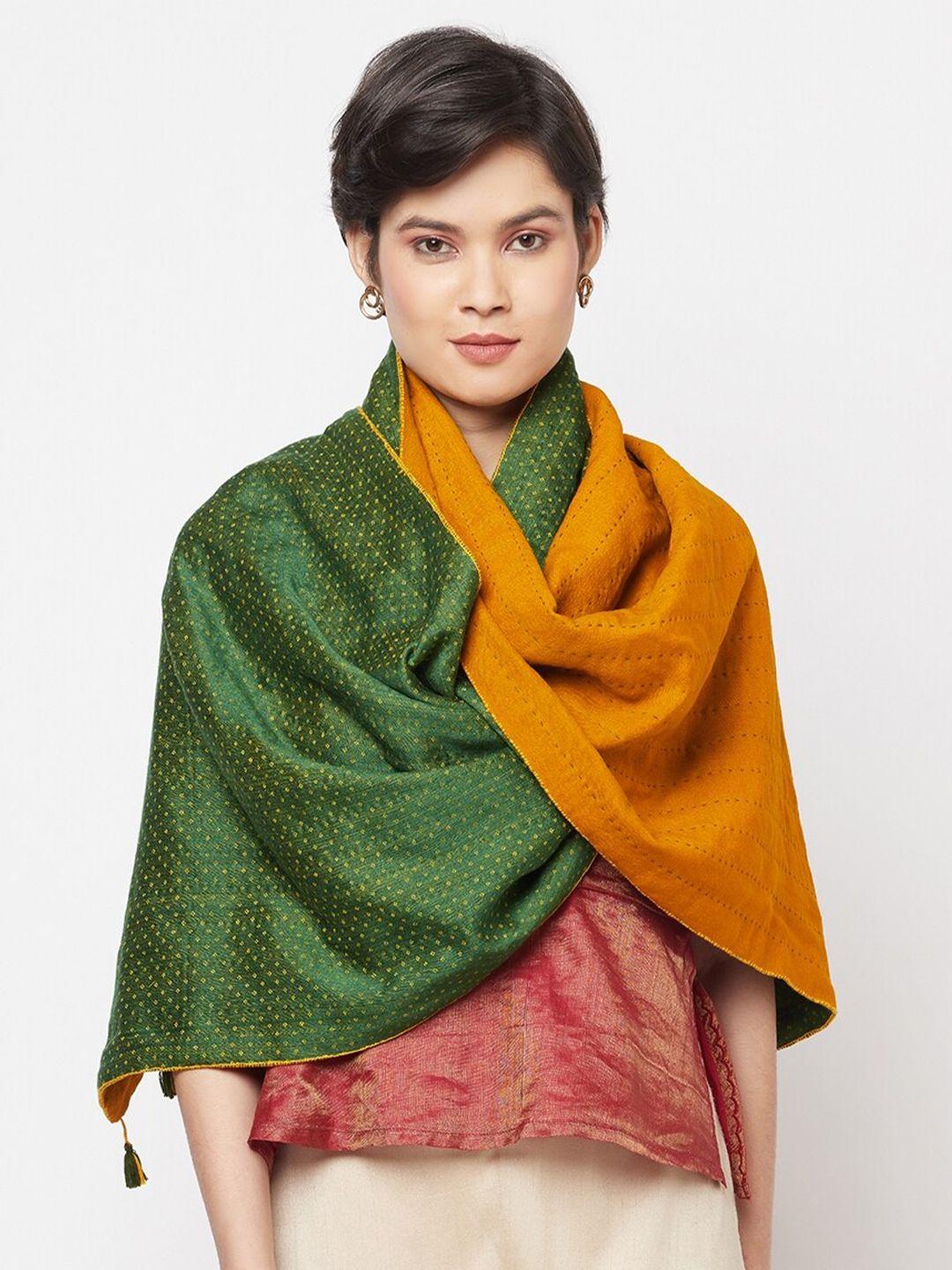 fabindia women green & orange embroidered woolen stole