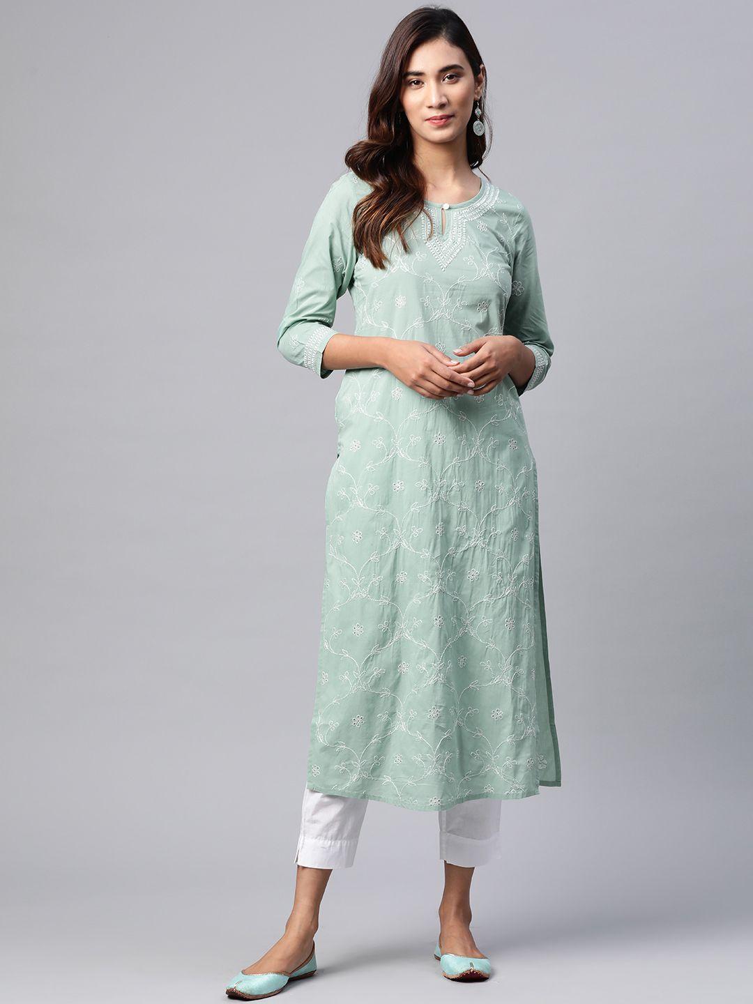 fabindia women green & white chikankari embroidered pure cotton straight kurta