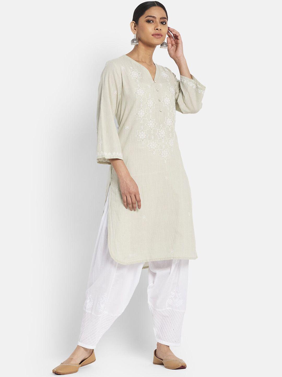 fabindia women green embroidered pure cotton kurta set