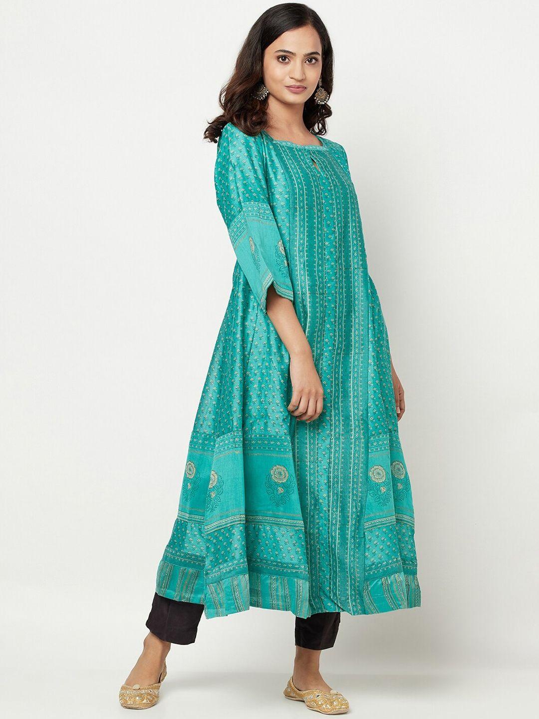 fabindia women green ethnic motifs printed anarkali kurta