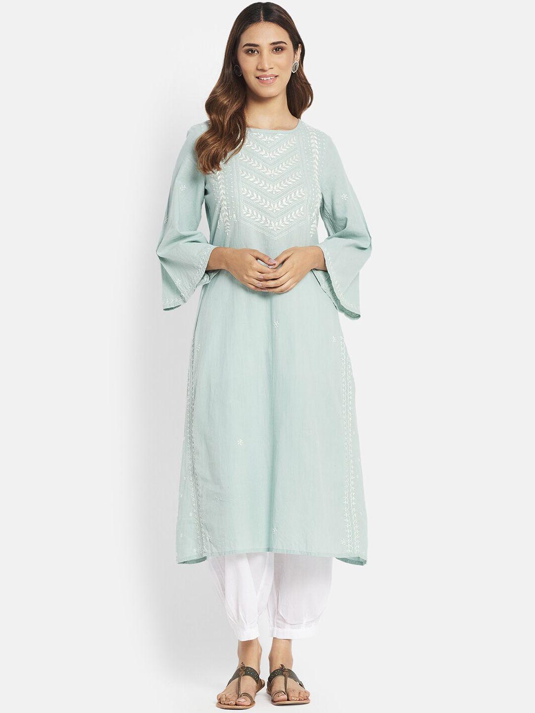 fabindia women green ethnic motifs yoke design bell sleeves thread work cotton kurta