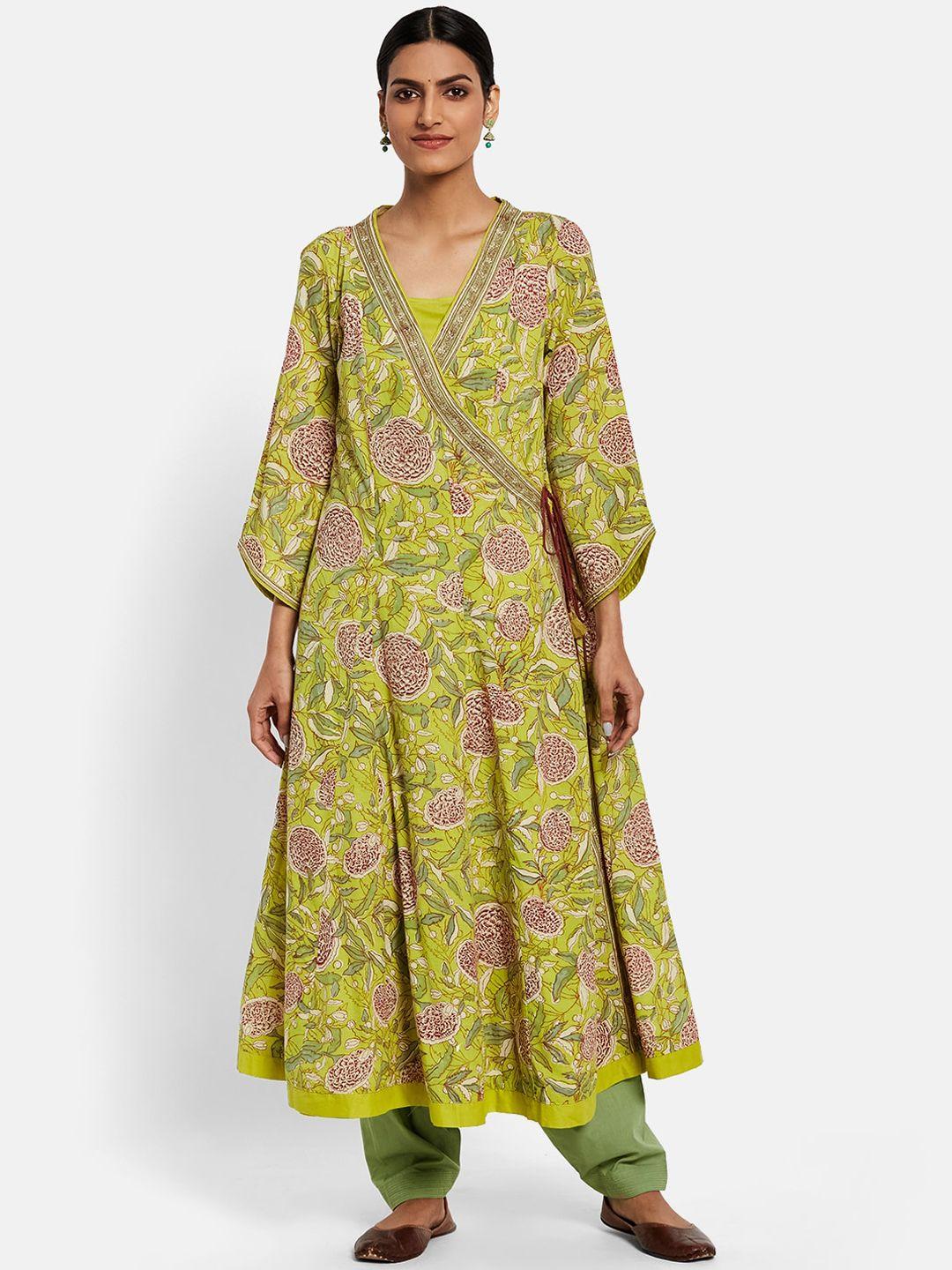 fabindia women green floral printed flared sleeves cotton anarkali kurta