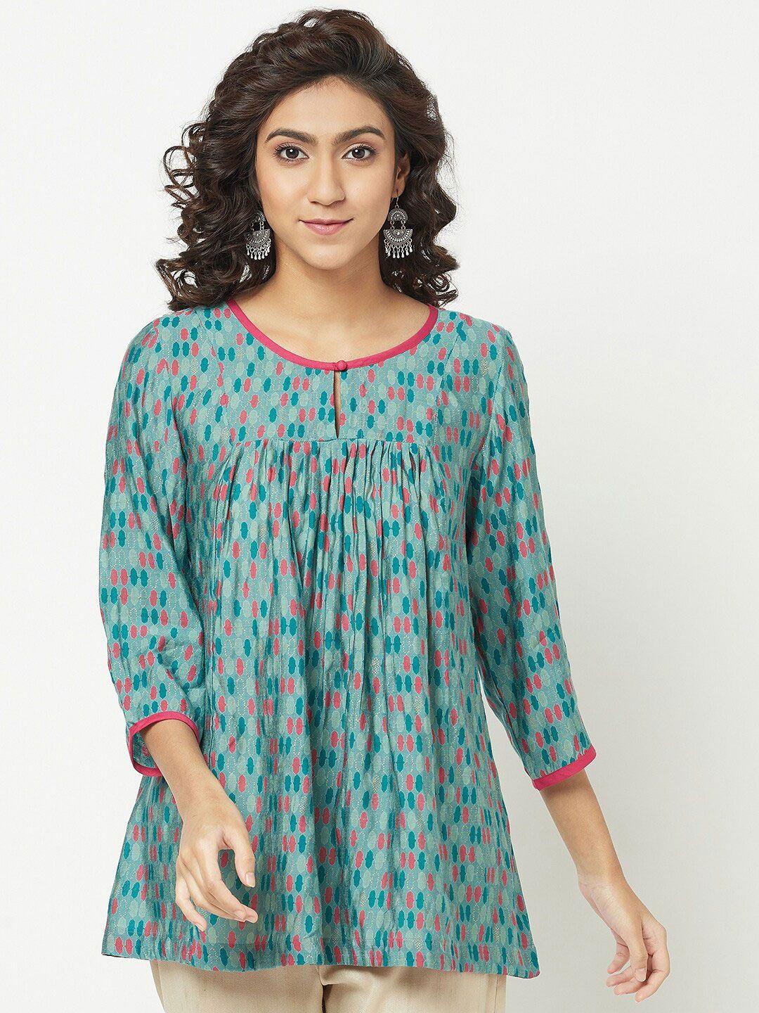 fabindia women green geometric print keyhole neck top