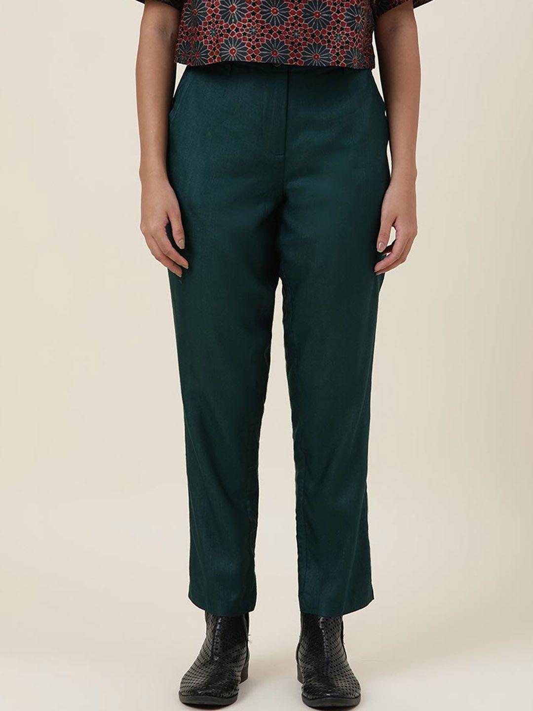 fabindia women green solid trousers