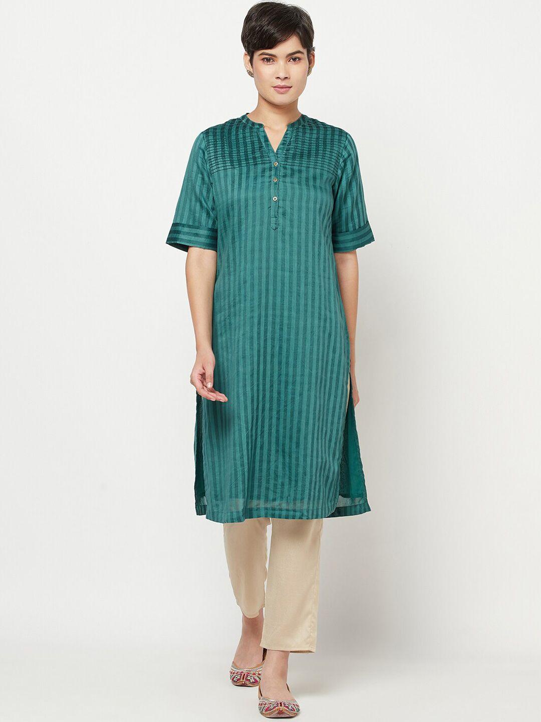 fabindia women green striped flared sleeves thread work kurta