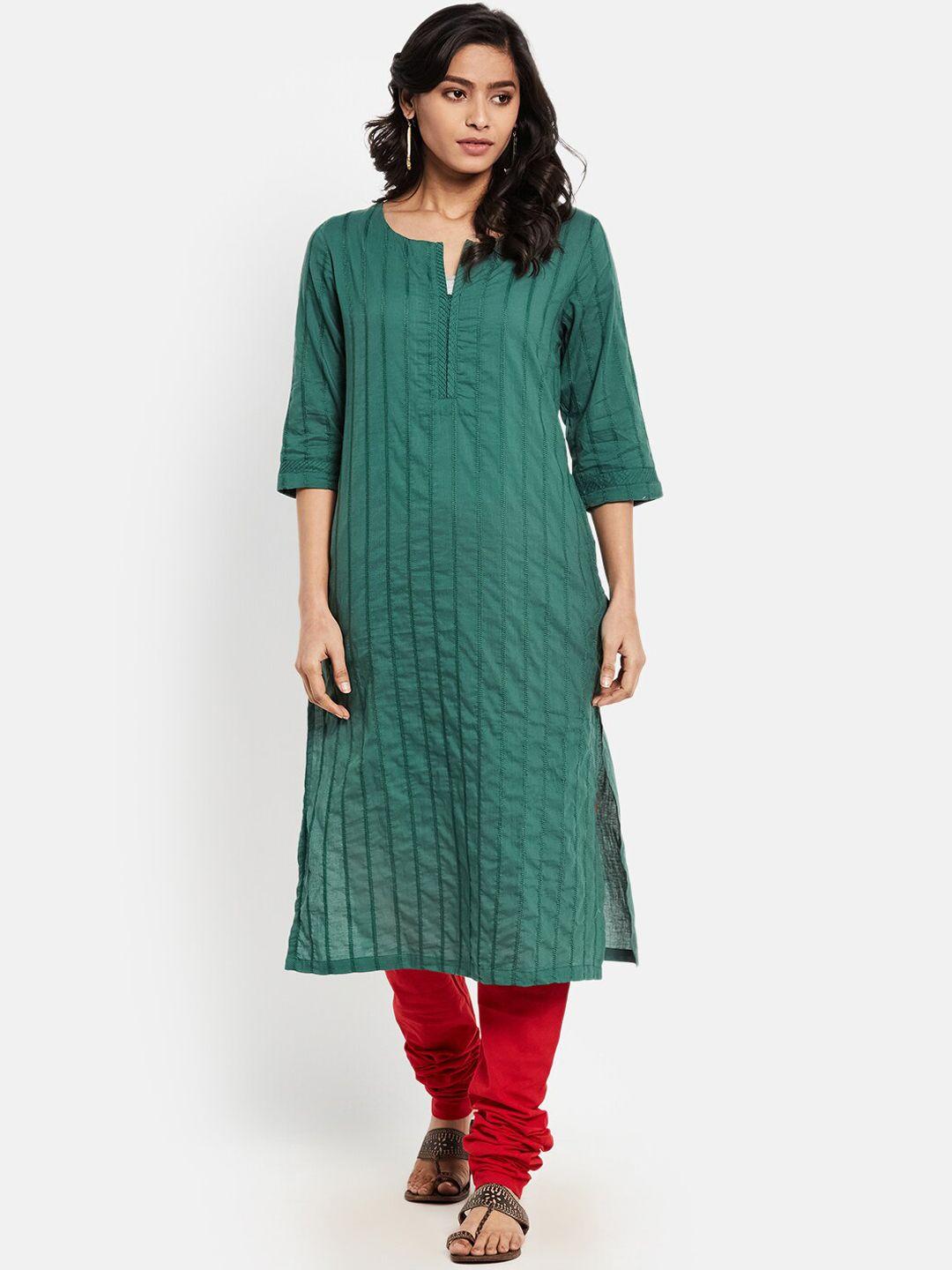 fabindia women green striped thread work regular fit cotton kurta