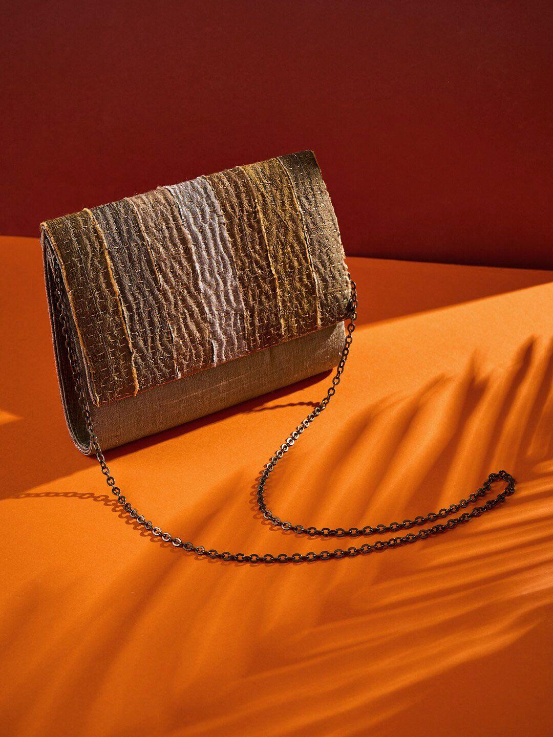 fabindia women grey & brown colourblocked silk blend purse clutch