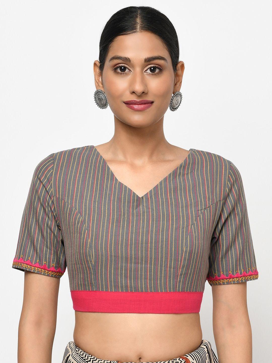 fabindia women grey & pink embroidered cotton saree blouse