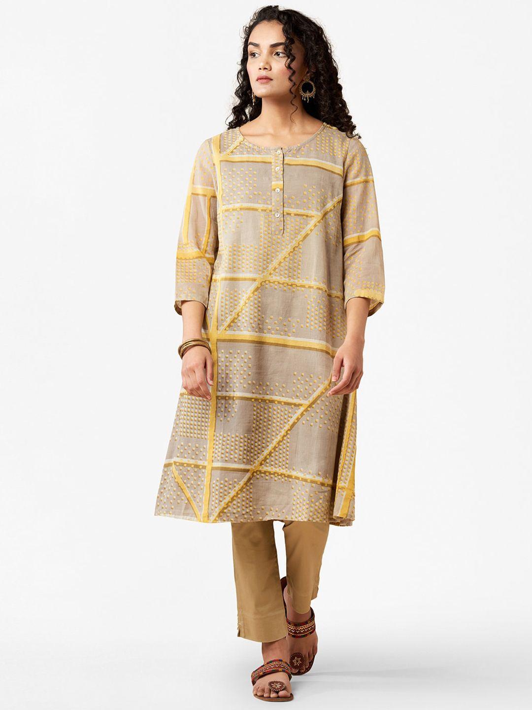 fabindia women grey & yellow geometric printed kurta