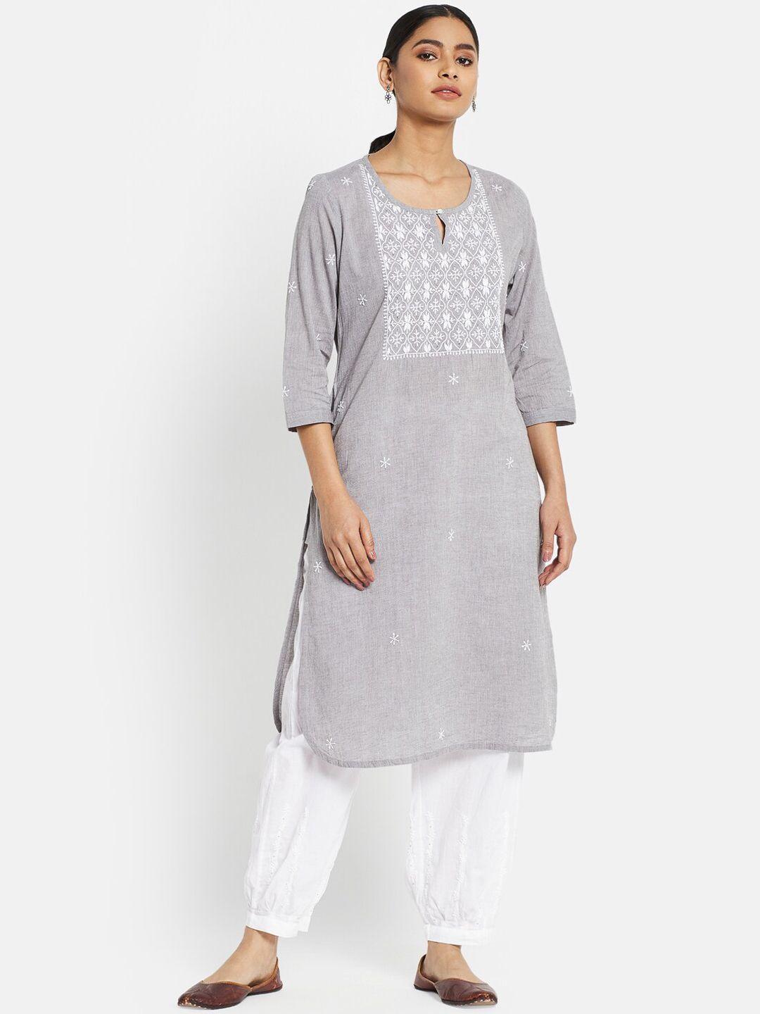 fabindia women grey ethnic motifs embroidered keyhole neck thread work kurta