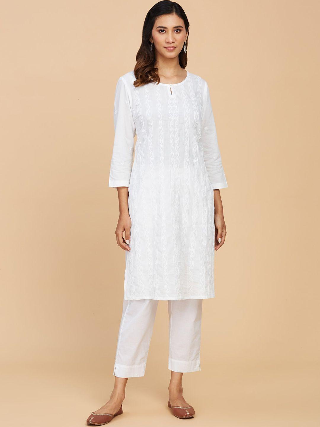 fabindia women keyhole neck chikankari cotton kurta