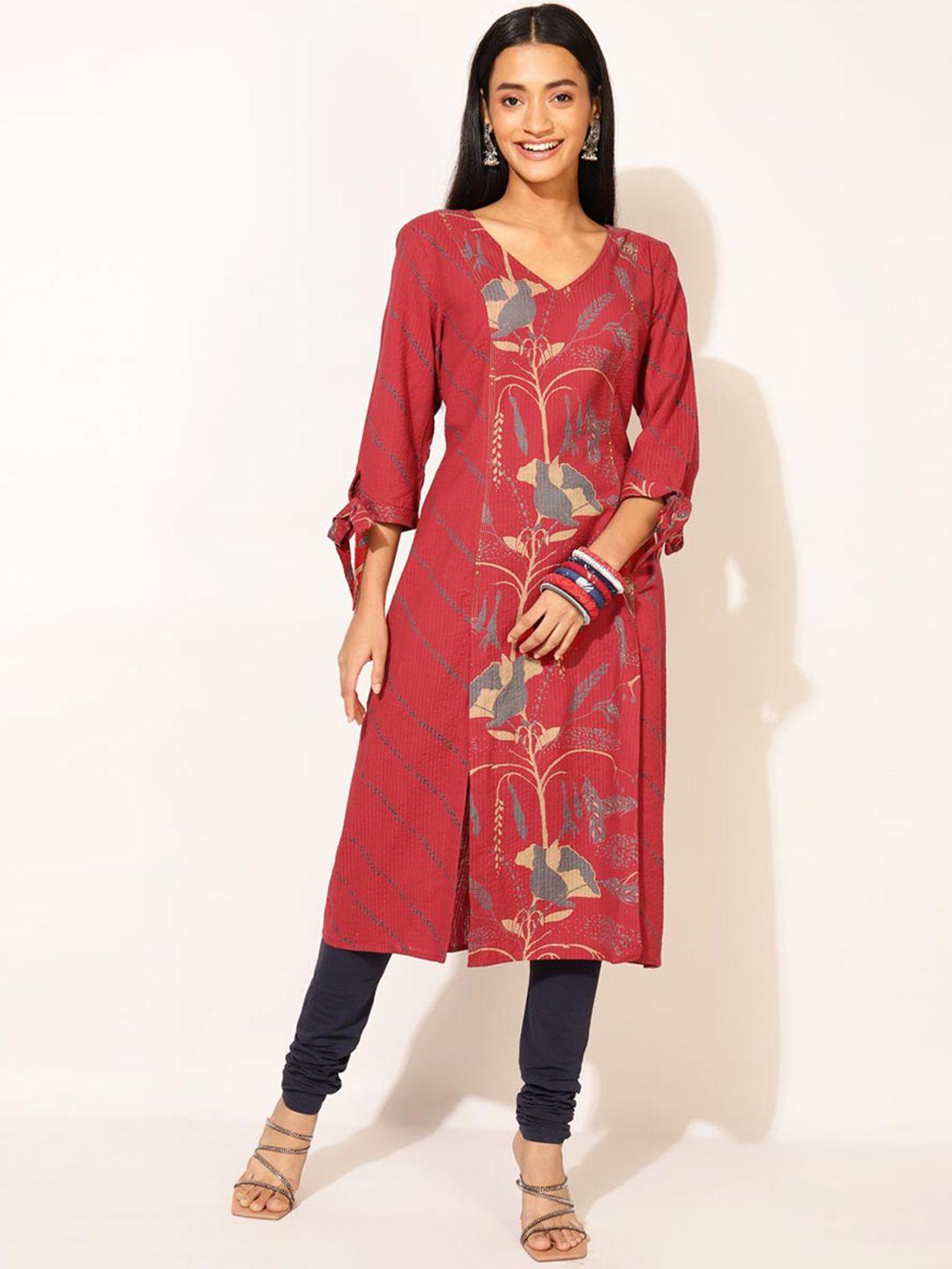 fabindia women maroon & beige floral embroidered kurta