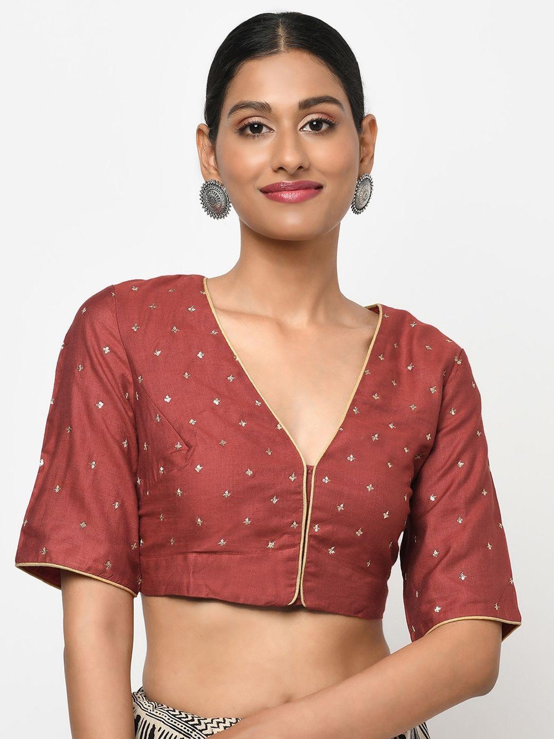 fabindia women maroon & gold-toned sequin-embroidered silk saree blouse