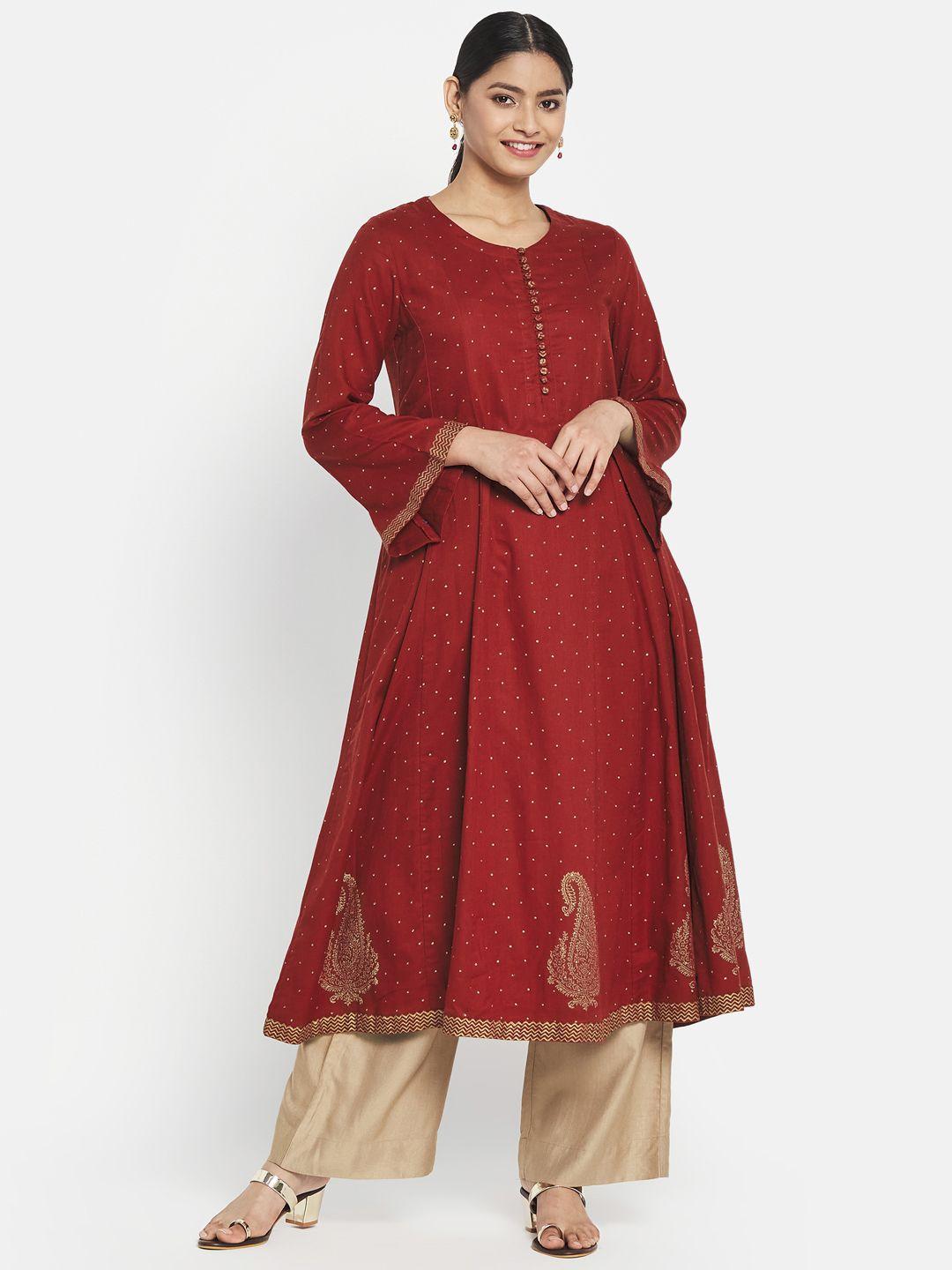 fabindia women maroon & golden dotted print flared sleeves anarkali kurta