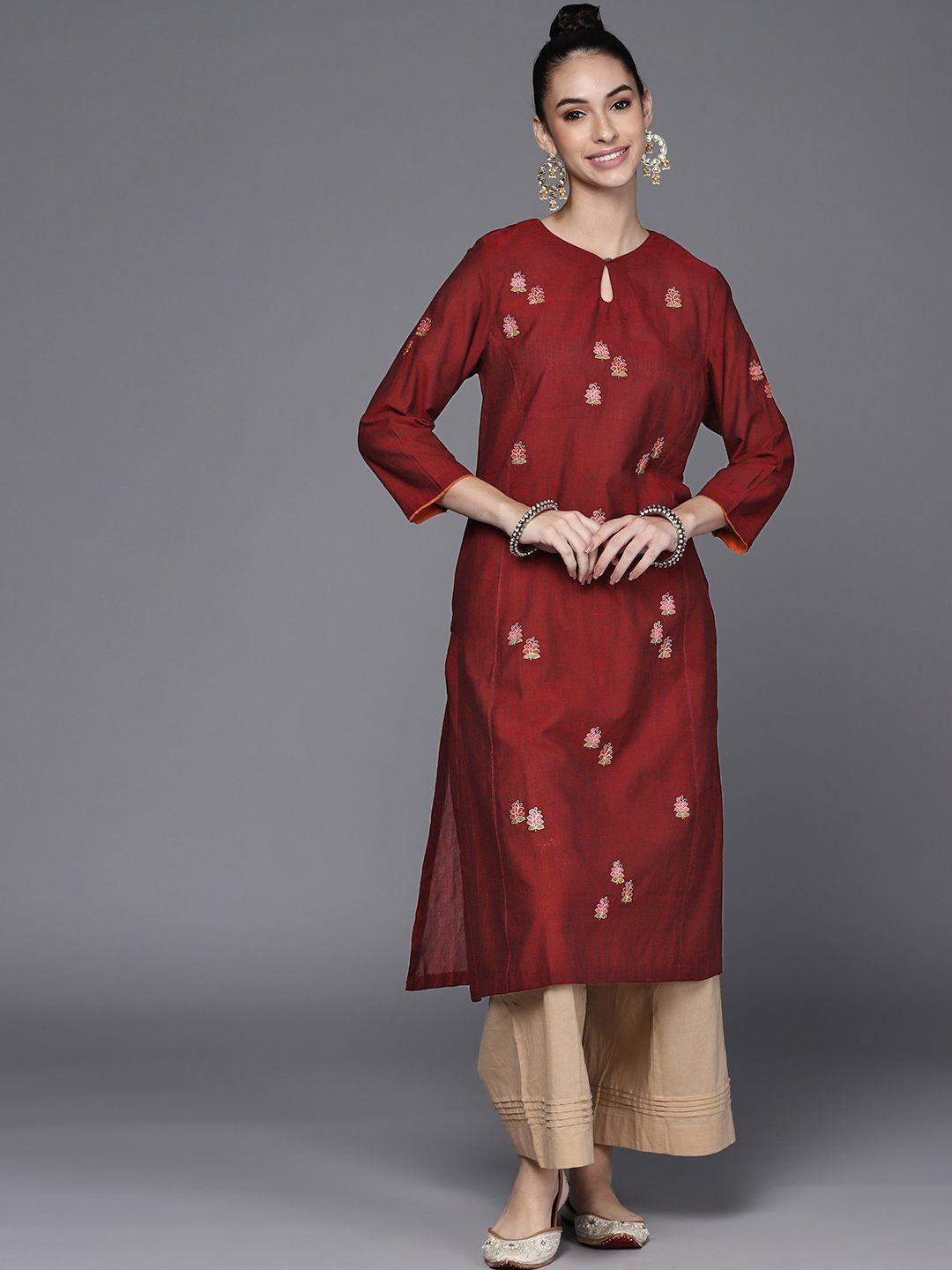 fabindia women maroon & pink ethnic motifs embroidered pure cotton straight kurta