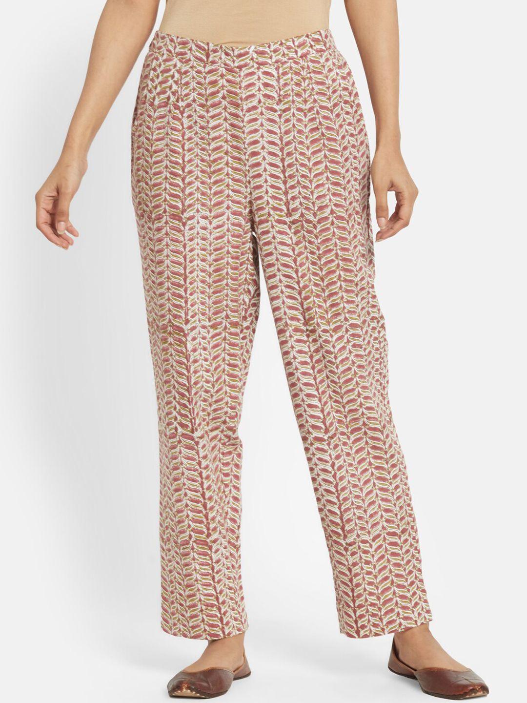 fabindia women maroon & white printed cotton linen trousers