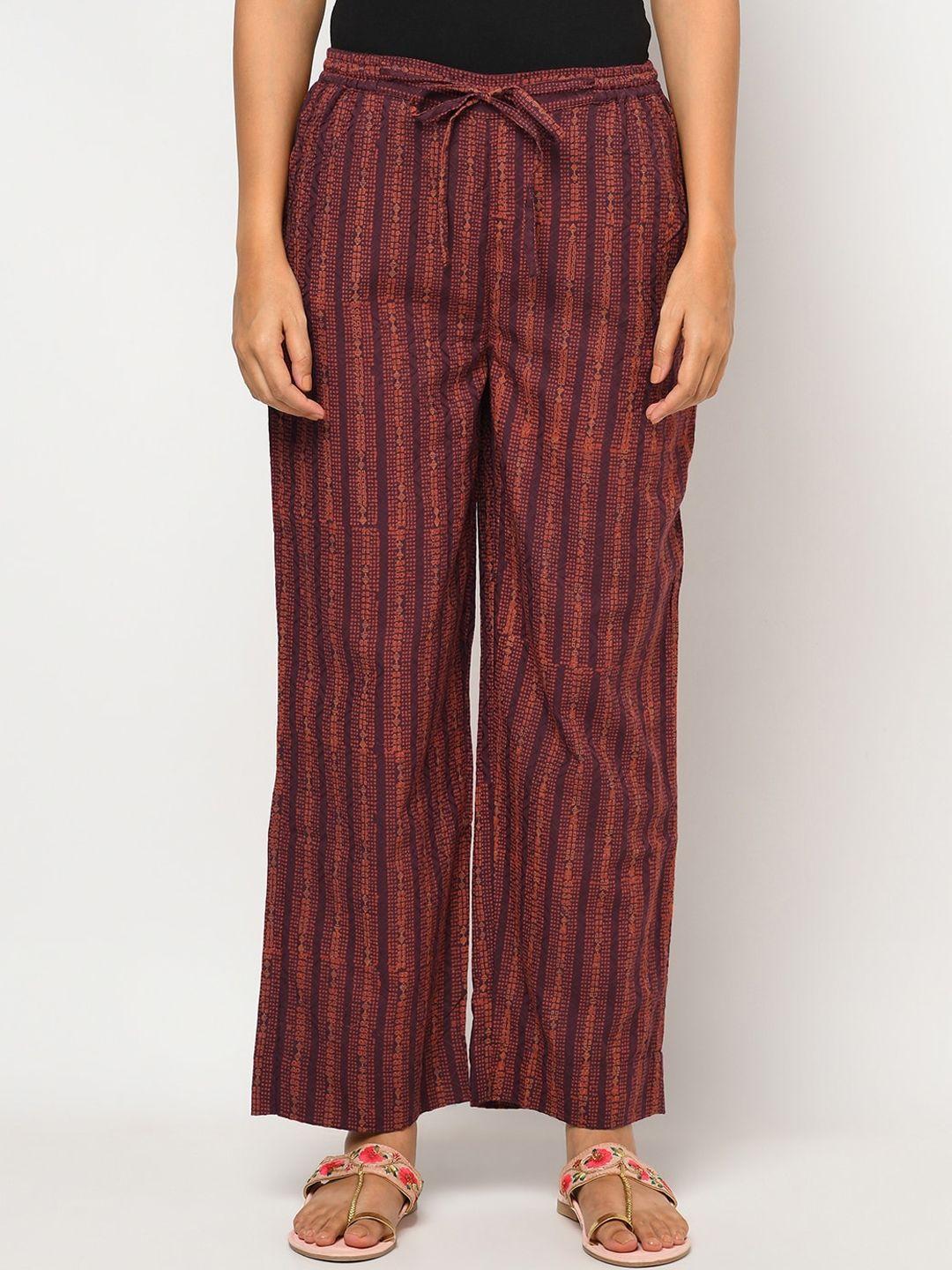 fabindia women maroon striped cotton trousers