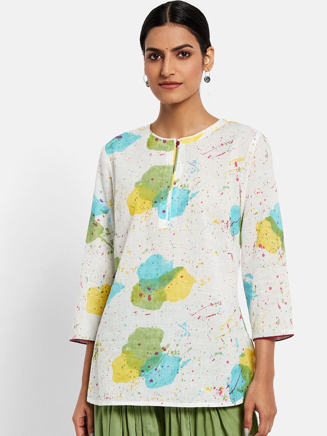 fabindia women multicoloured floral printed keyhole neck flared sleeves kurta